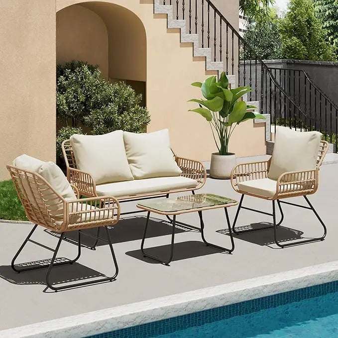 XIUWO 4 Piece Outdoor Patio Furniture Tempered Glass Table Cushions