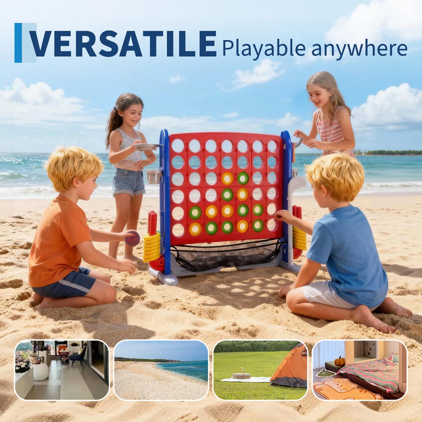 Giant 4-In-1 Connect Game Set With Basketball Hoop Ring Toss
