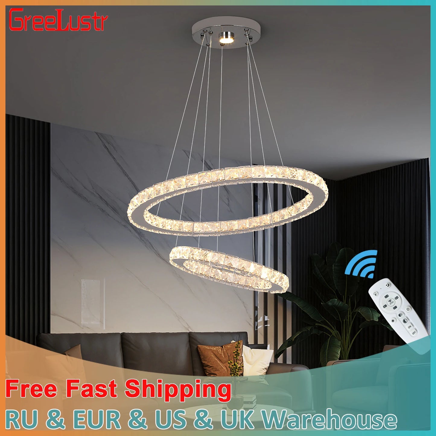 GreeLustr Modern Crystal Pendant Light Dimmable LED Ceiling Hanging Lamp