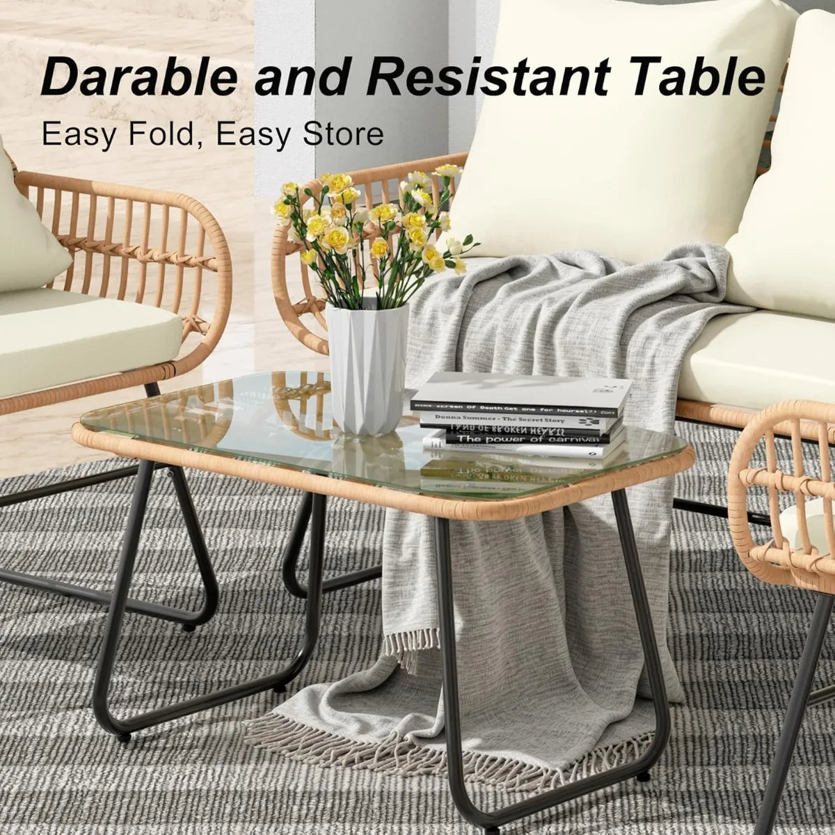 XIUWO 4 Piece Outdoor Patio Furniture Tempered Glass Table Cushions