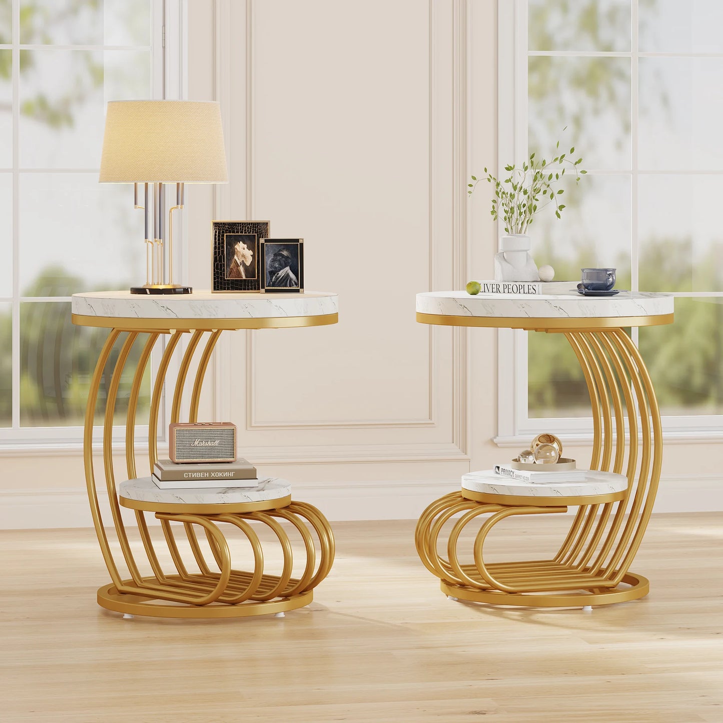 Tribesigns Gold Round End Table Two Tiers Faux Marble Storage