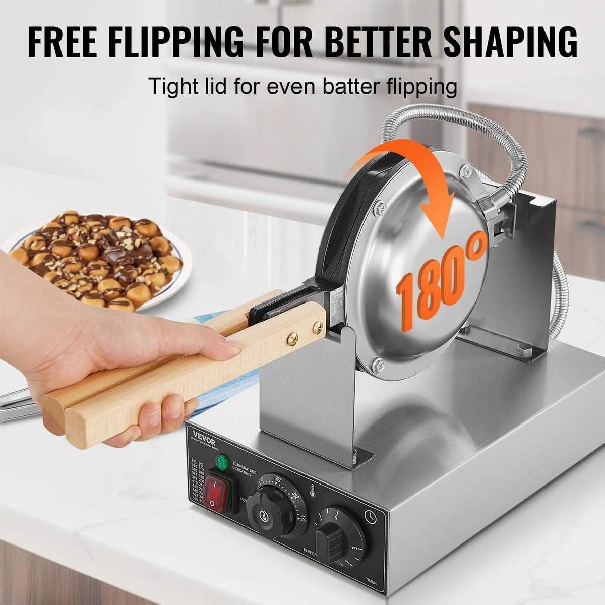 VEVOR Commercial Bubble Waffle Maker 1400W Stainless Steel Wooden Handle
