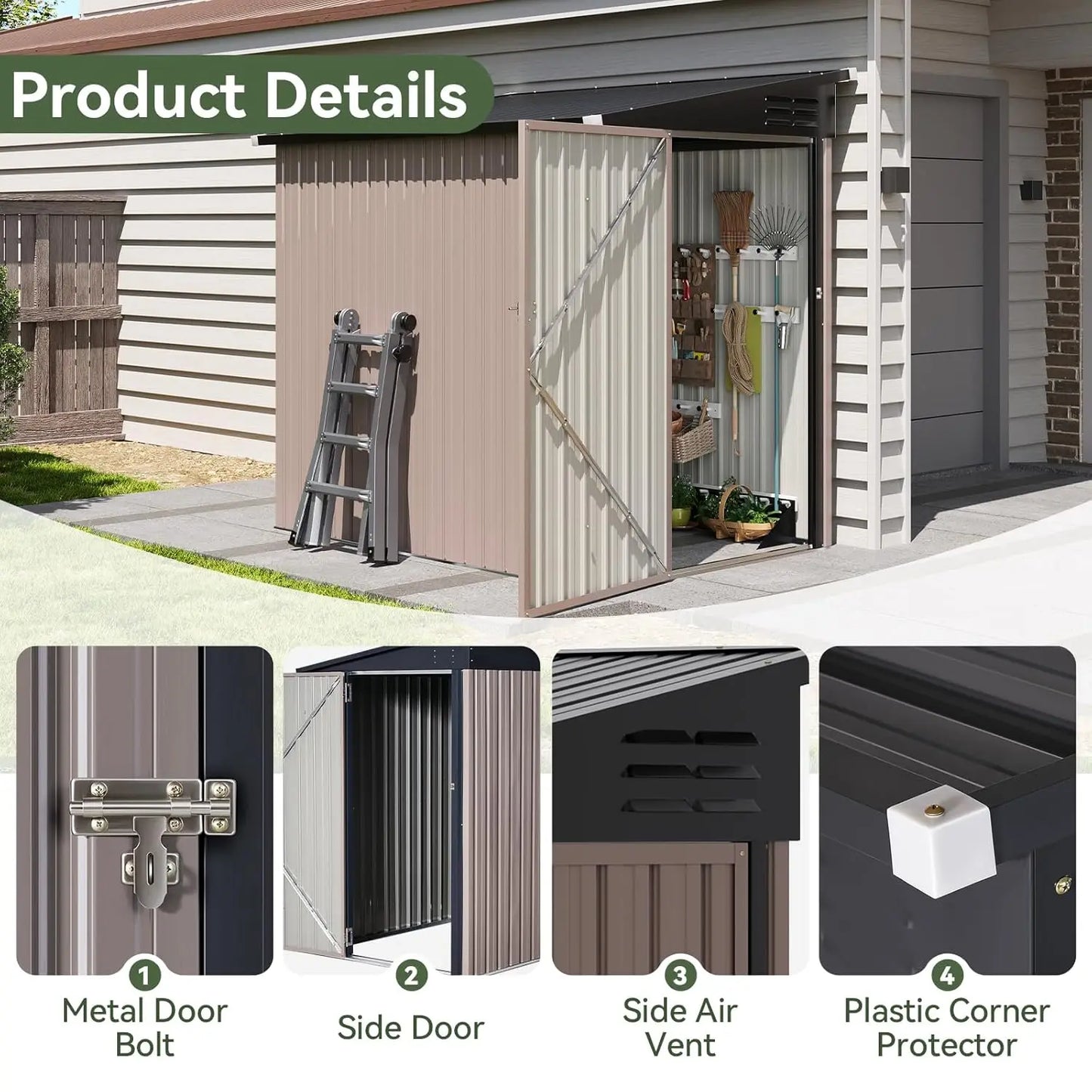 Waterproof Lockable Rustproof Garden Storage Shed Lean To Metal Roof