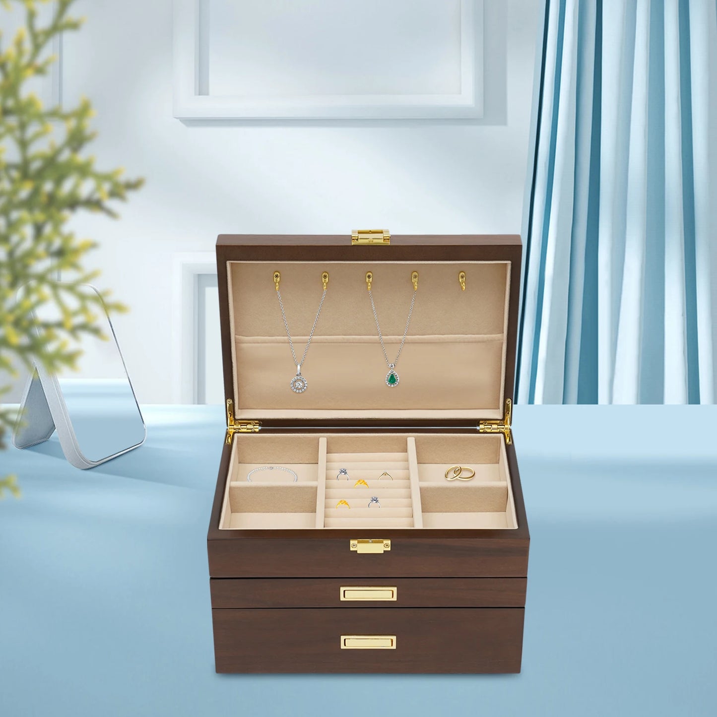 NONECN Wooden Jewelry And Watch Display Case Organizer
