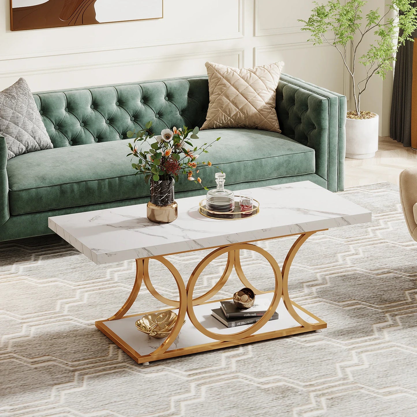 Tribesigns Rectangle Coffee Table Modern Living Room Two Tier Faux Marble Wood