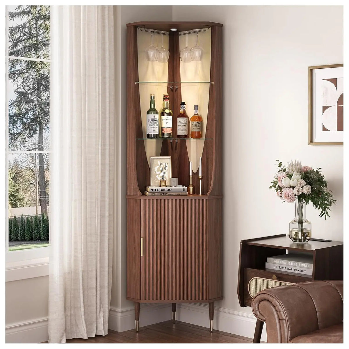Mid Century Fluted Bar Cabinet With Glass Shelves LED Lighting