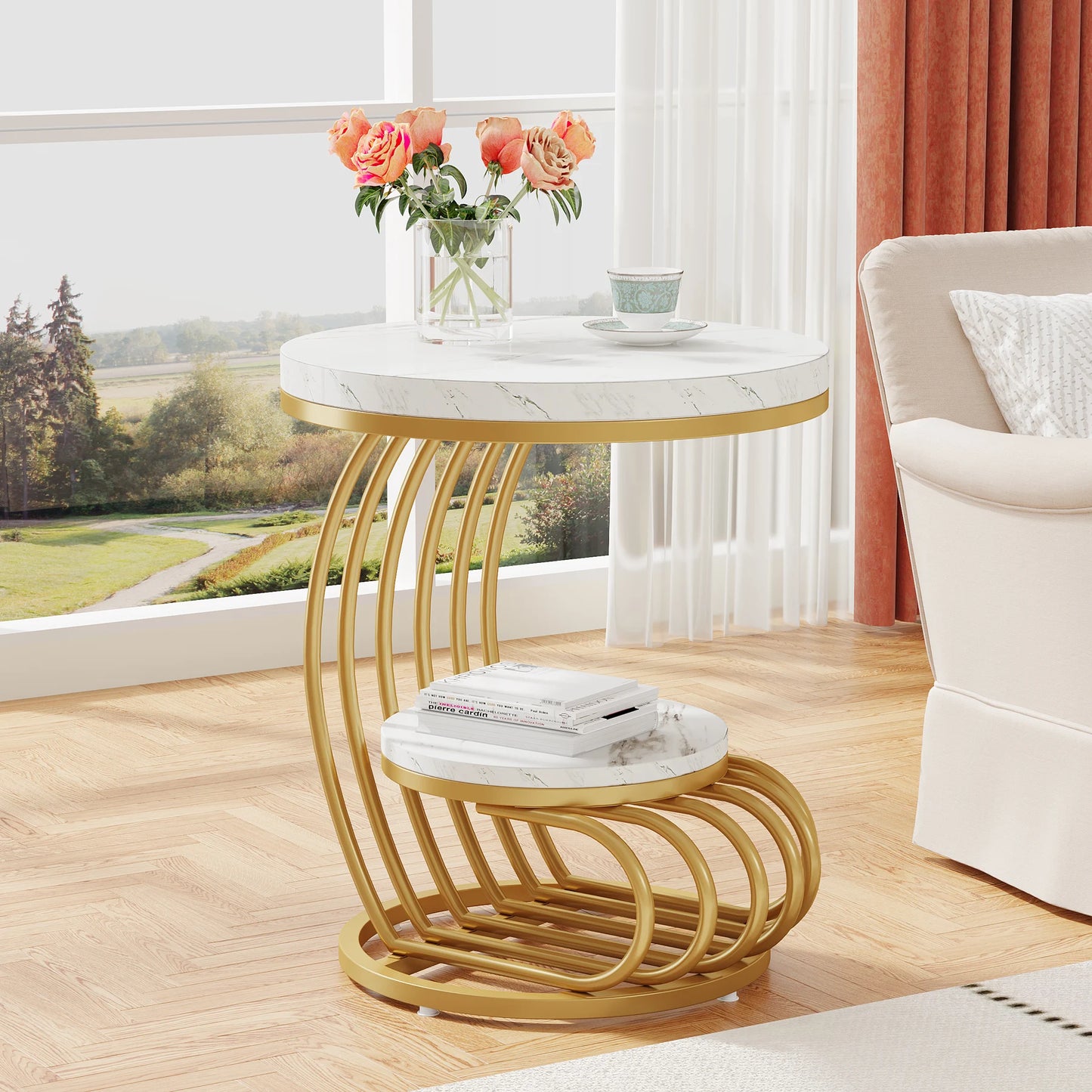 Tribesigns Gold Round End Table Two Tiers Faux Marble Storage