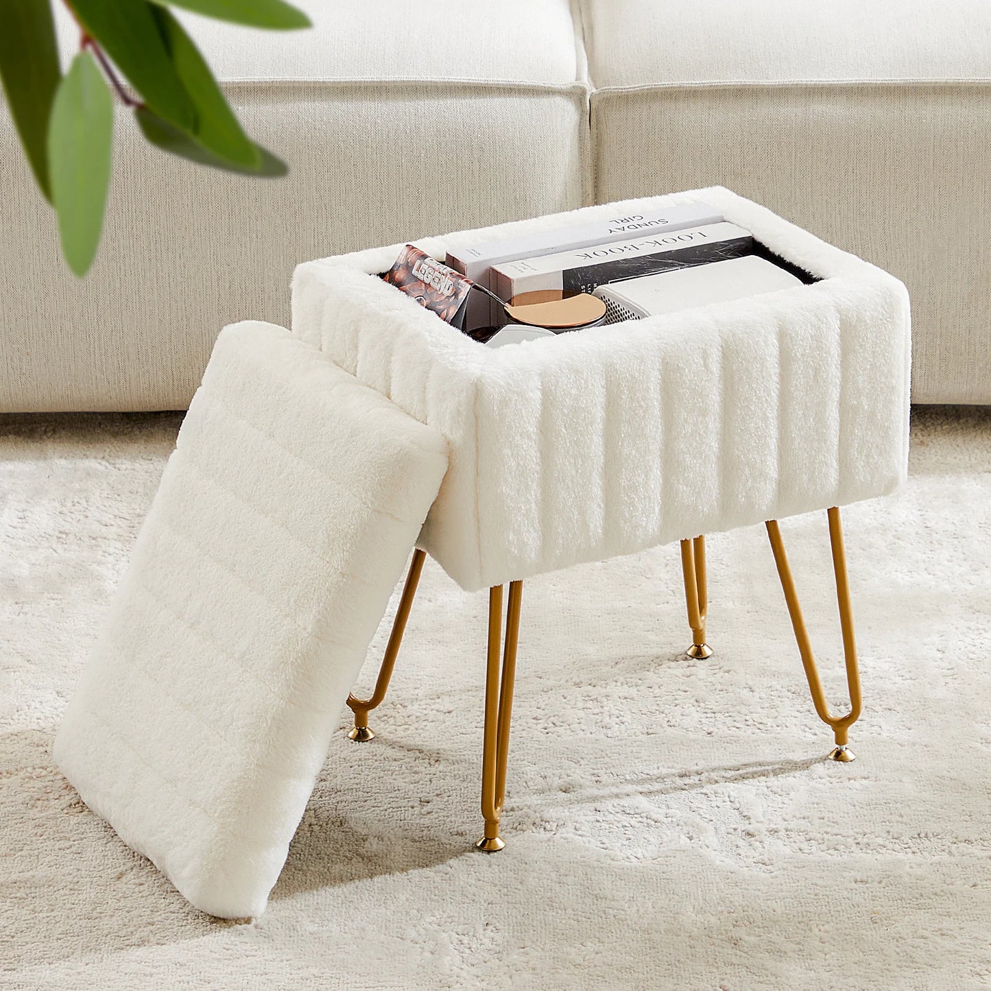 JHK Faux Fur Storage Ottoman Metal Legs For Living Room
