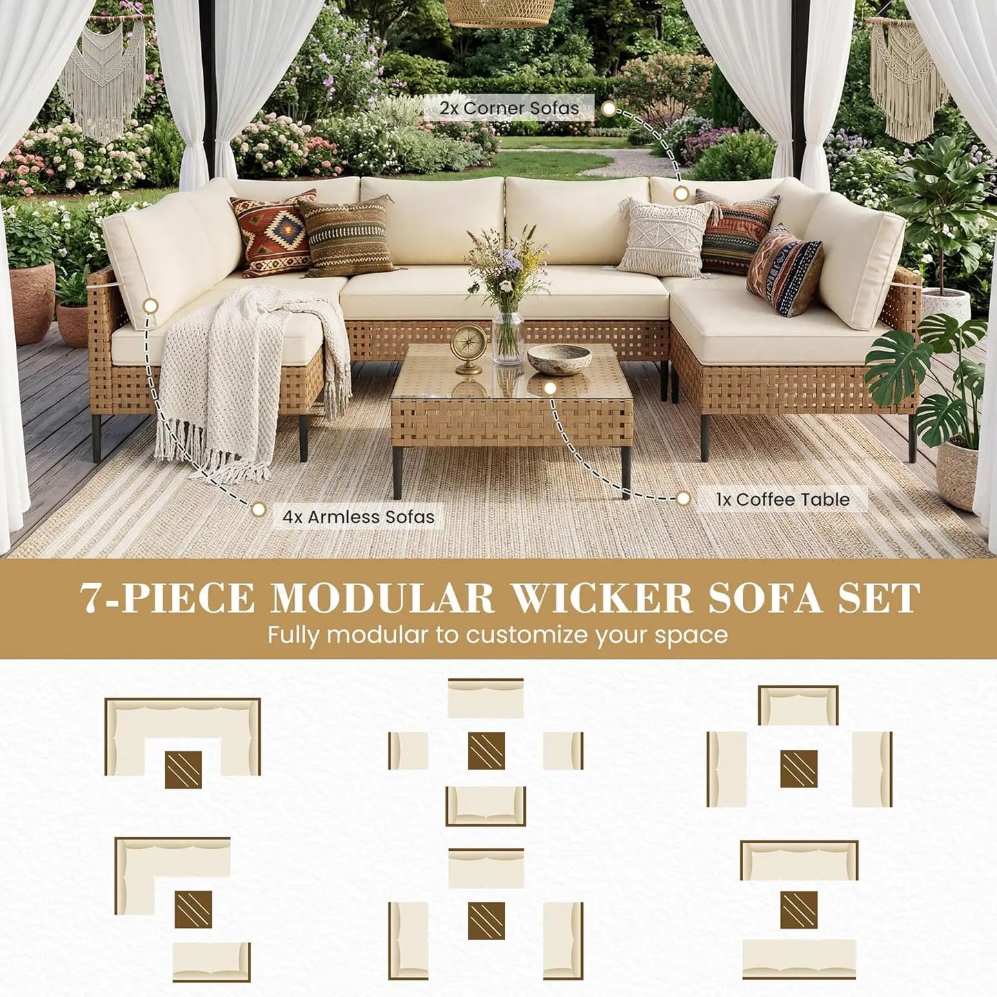 Modern Bamboo Modular Patio Sectional Sofa Set With Glass Table