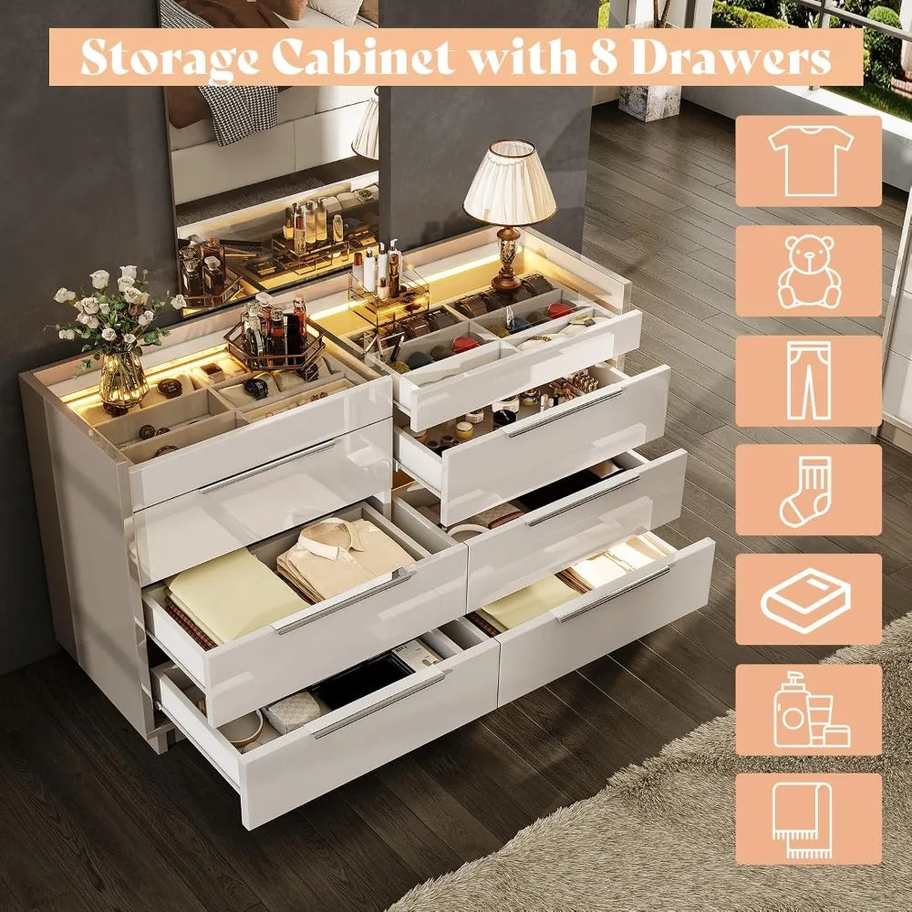 XMSJ 8 Drawer Dresser With LED Light And Glass Top