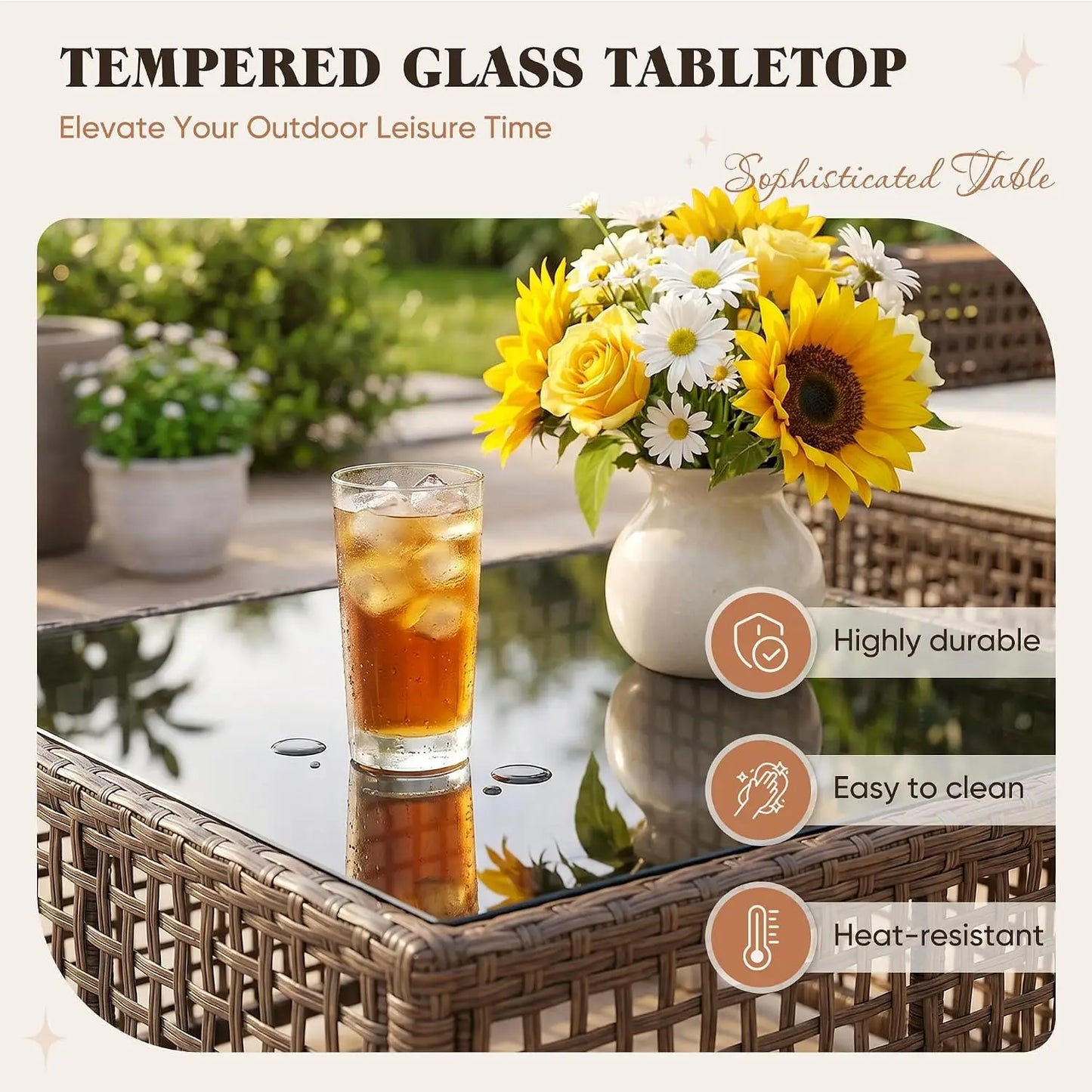 Outdoor Patio Wicker Sectional Sofa Set Cup Holder Glass Table