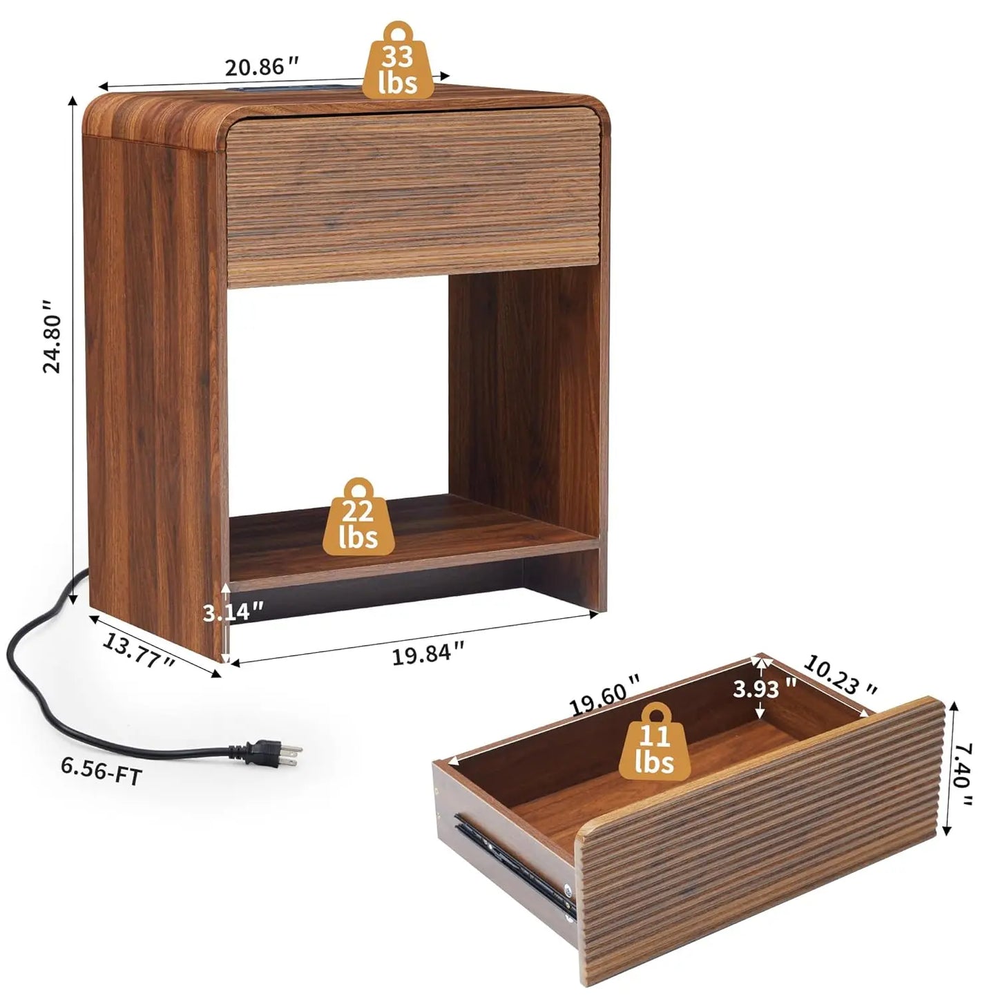 Fluted Nightstand Set Of 2 With Charging Station And Drawer