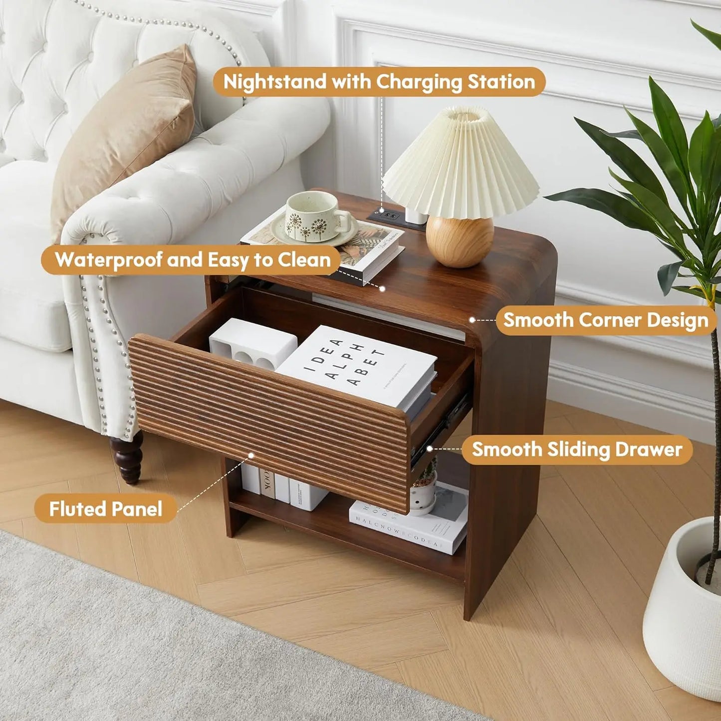 Fluted Nightstand Set Of 2 With Charging Station And Drawer