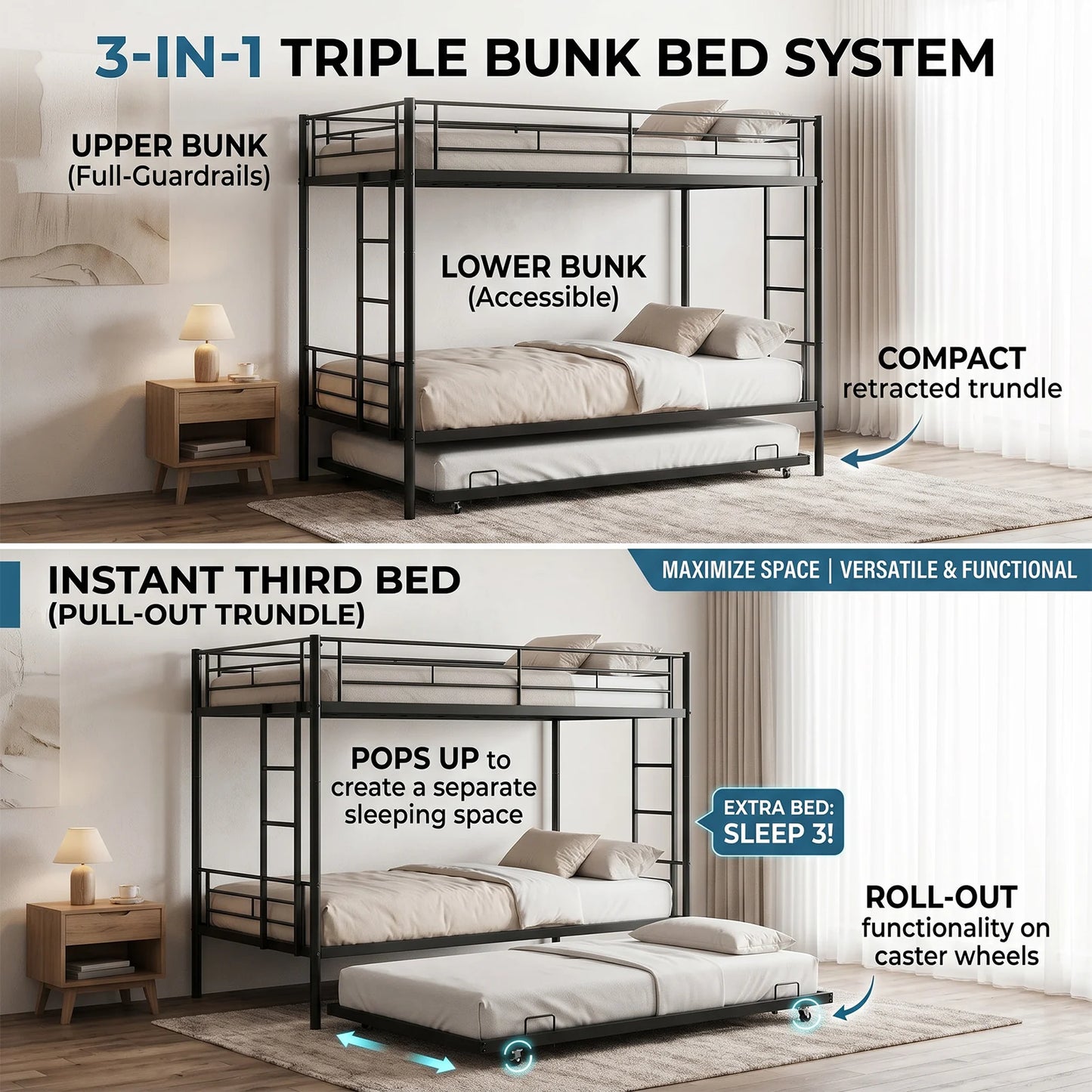 Twin Over Twin Bunk Bed With Trundle Dual Ladder Safety Rails Metal Construction