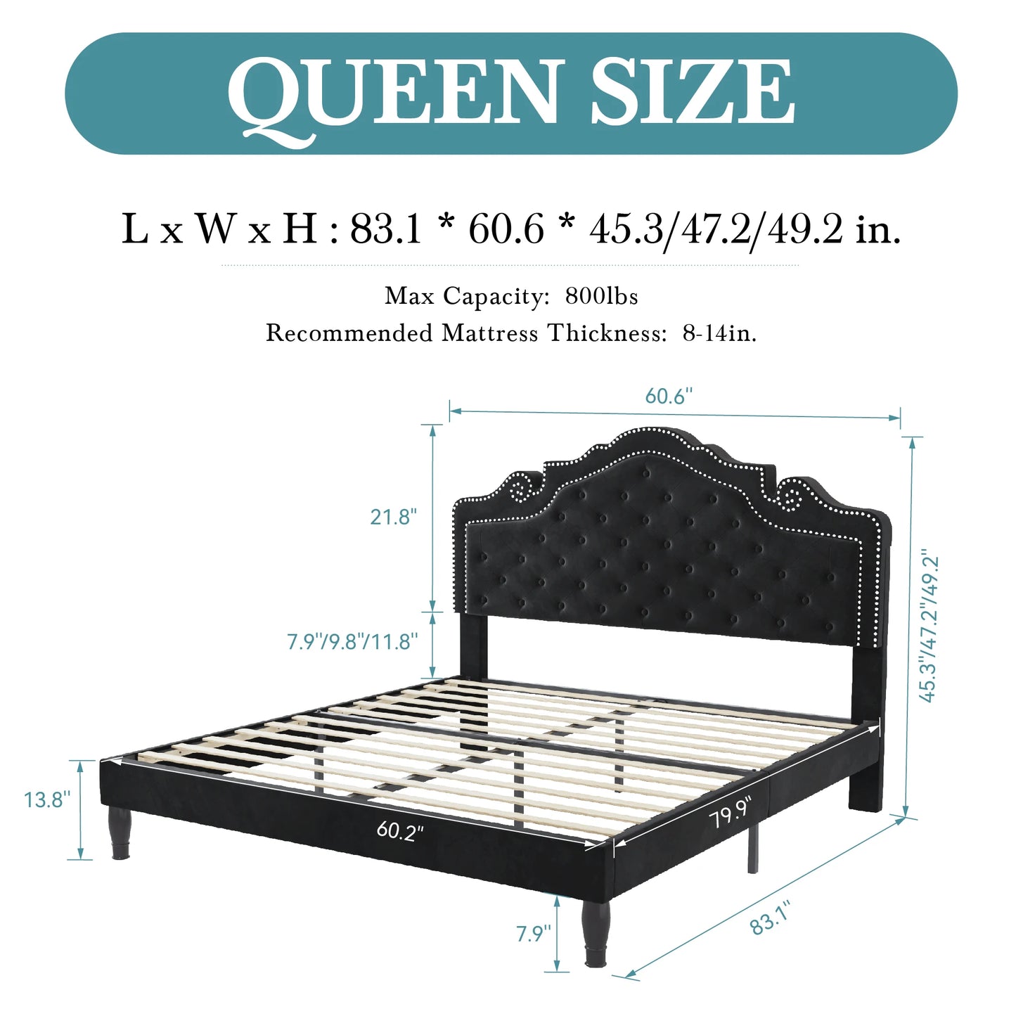 HOOMIC Velvet Bed Frame With Adjustable Tiara Headboard And Diamond Tufting
