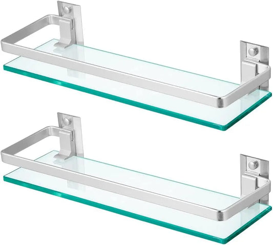 2 Pack Tempered Glass Bathroom Shelf With Rail Wall Mounted