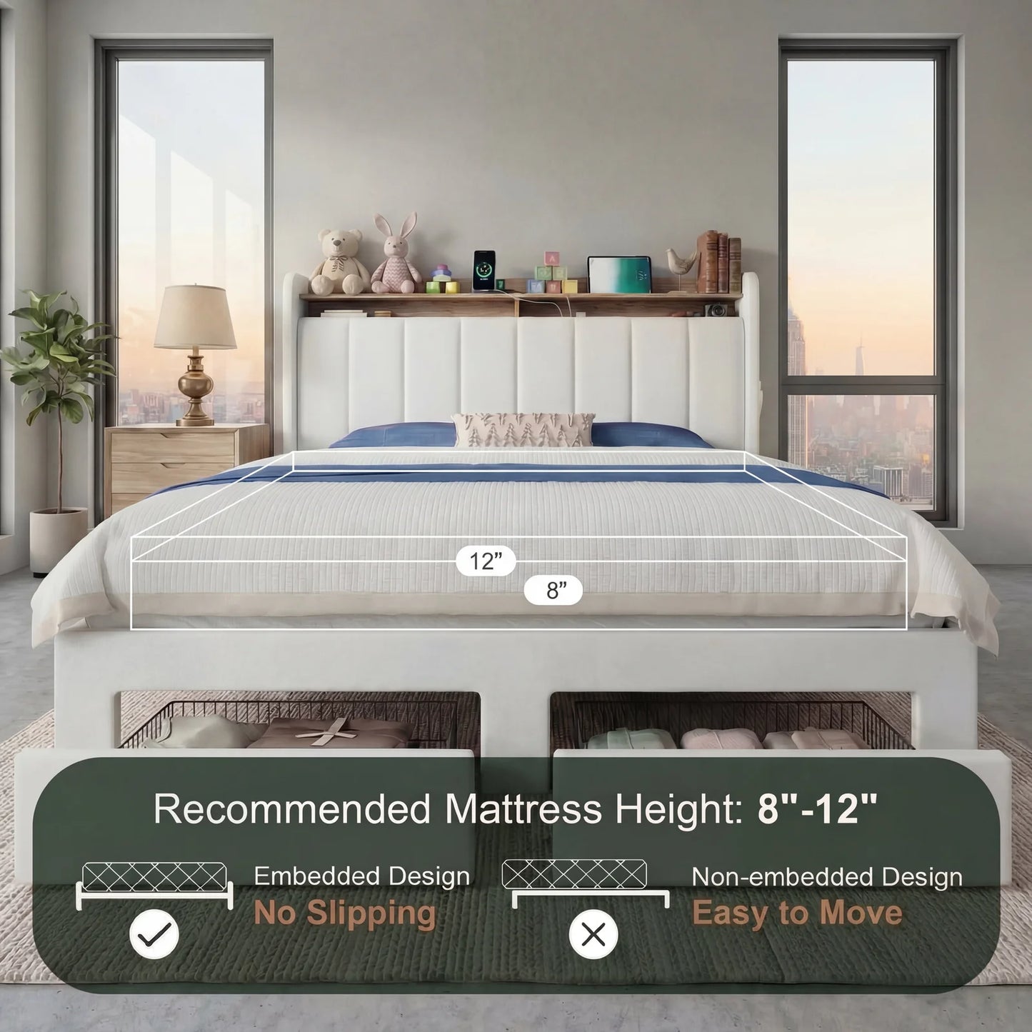 HOOMIC Bed Frame With Storage Drawers Shelves LED Lights Charging