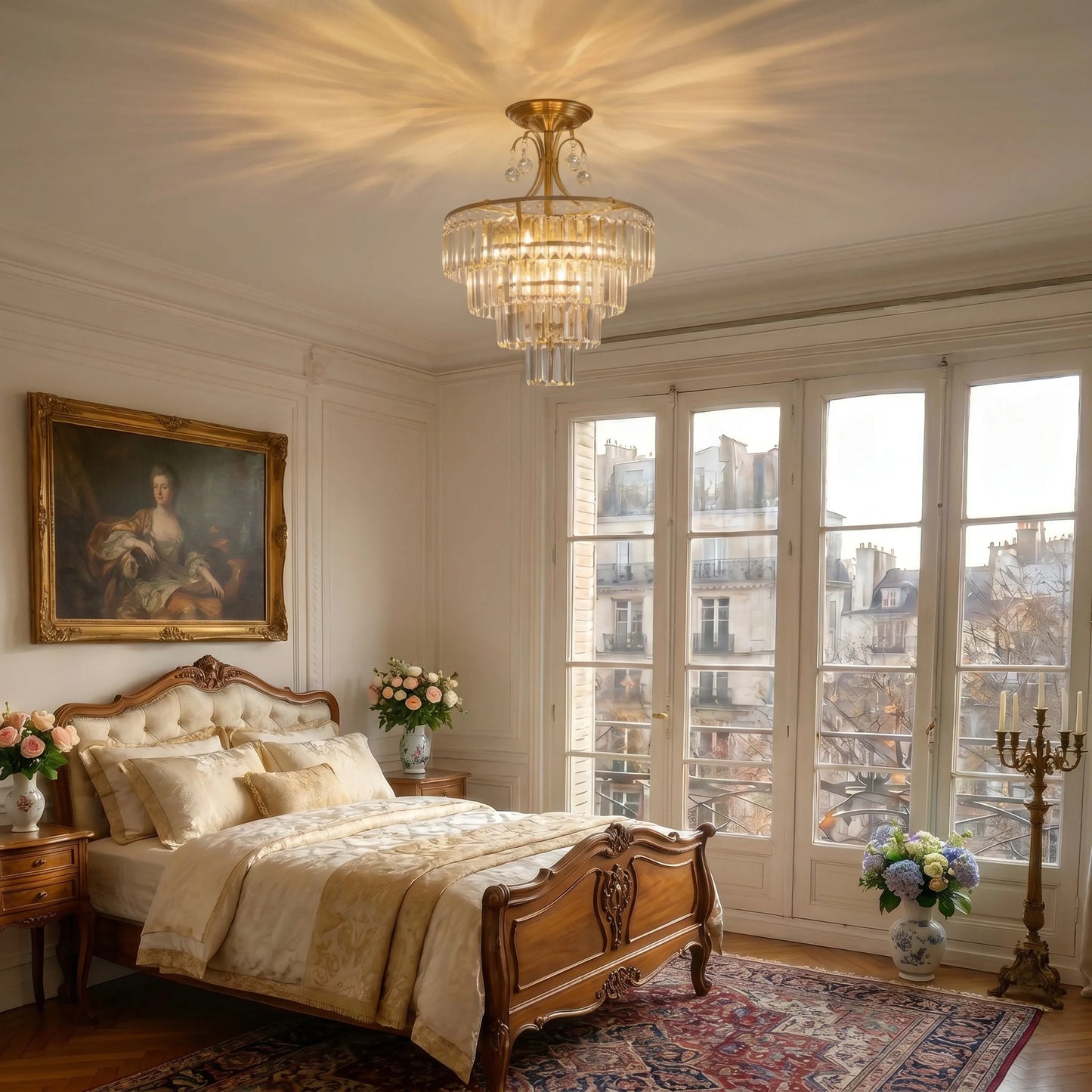 Luxury Crystal Ceiling Light Semi Flush Mount Dimmable Lighting Chandelier