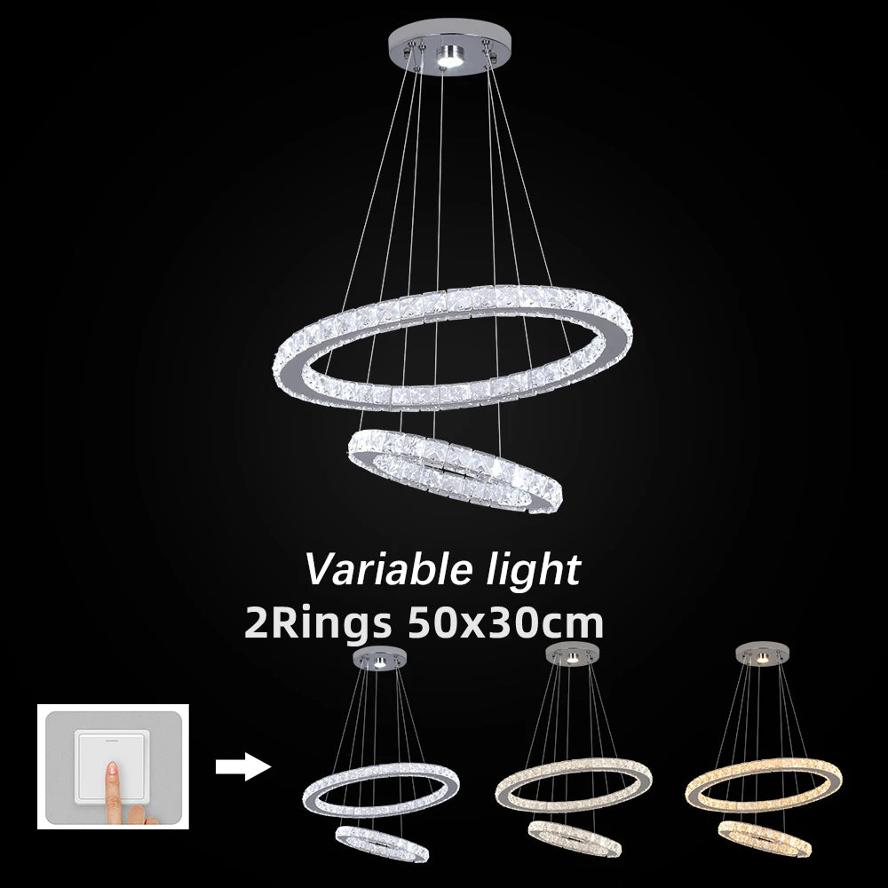 GreeLustr Modern Crystal Chrome Led Pendant Light Adjustable Ring Chandelier