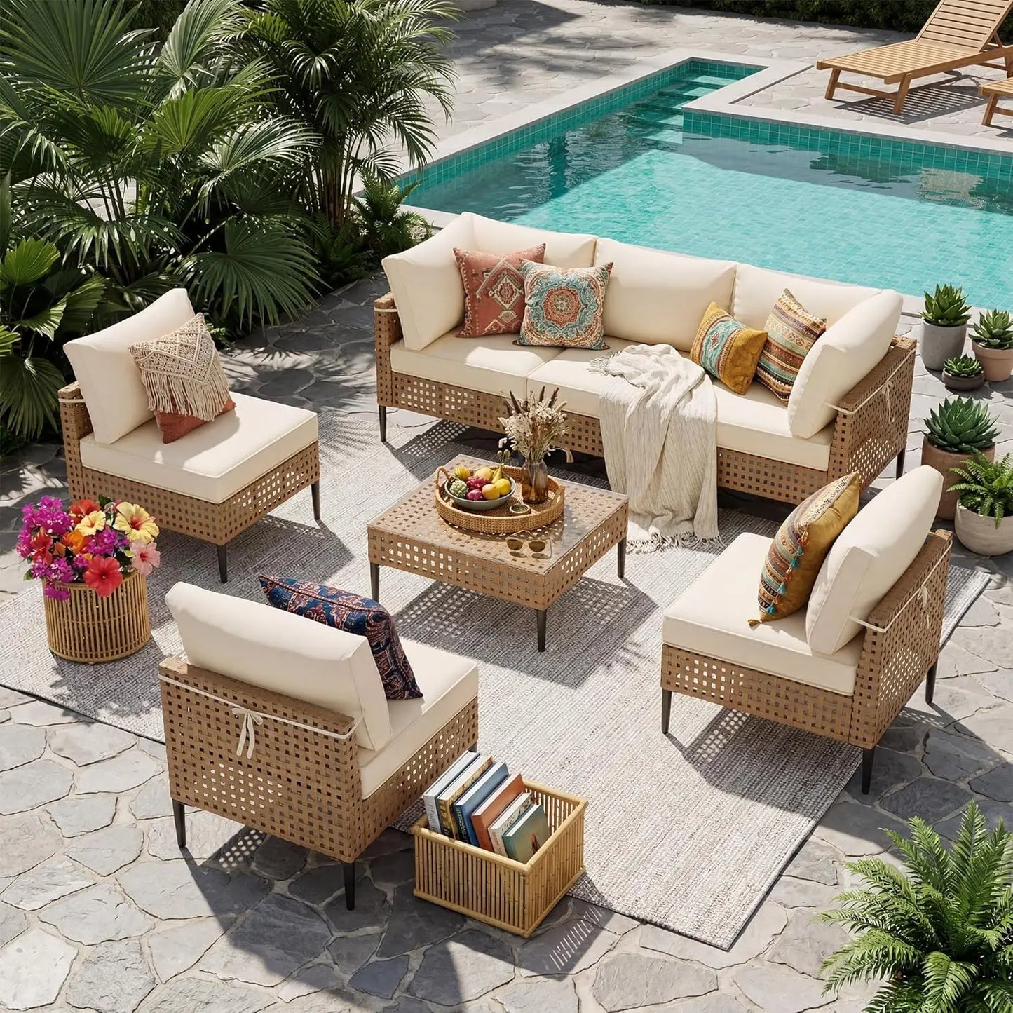 Modern Bamboo Modular Patio Sectional Sofa Set With Glass Table