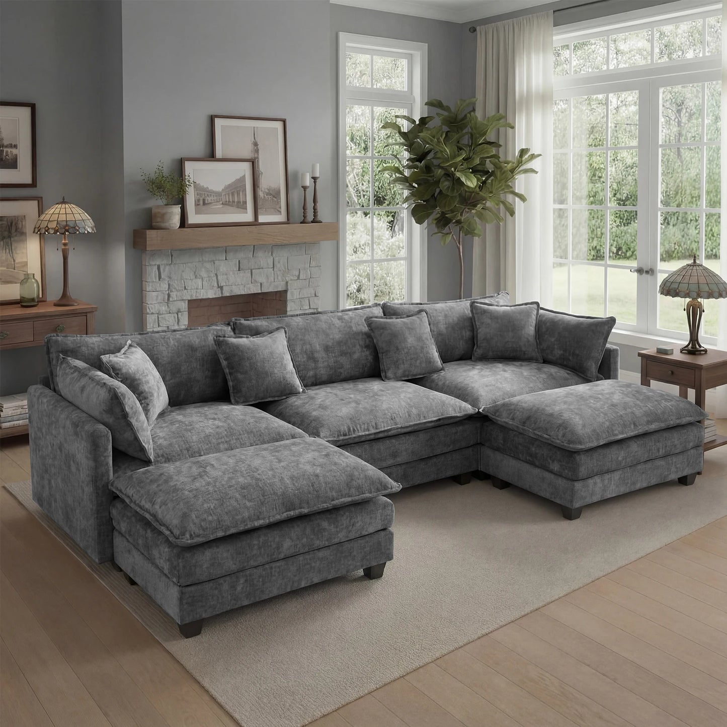 Modular Sectional Sofa With Ottoman And Solid Wood Frame