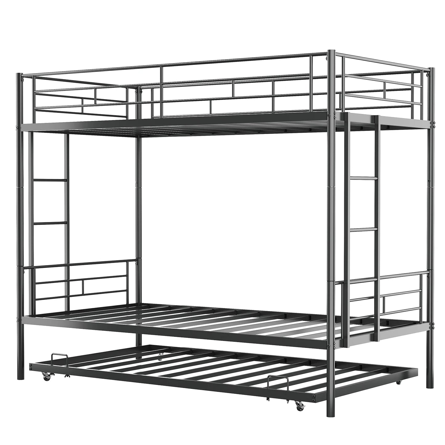 Twin Over Twin Bunk Bed With Trundle Dual Ladder Safety Rails Metal Construction