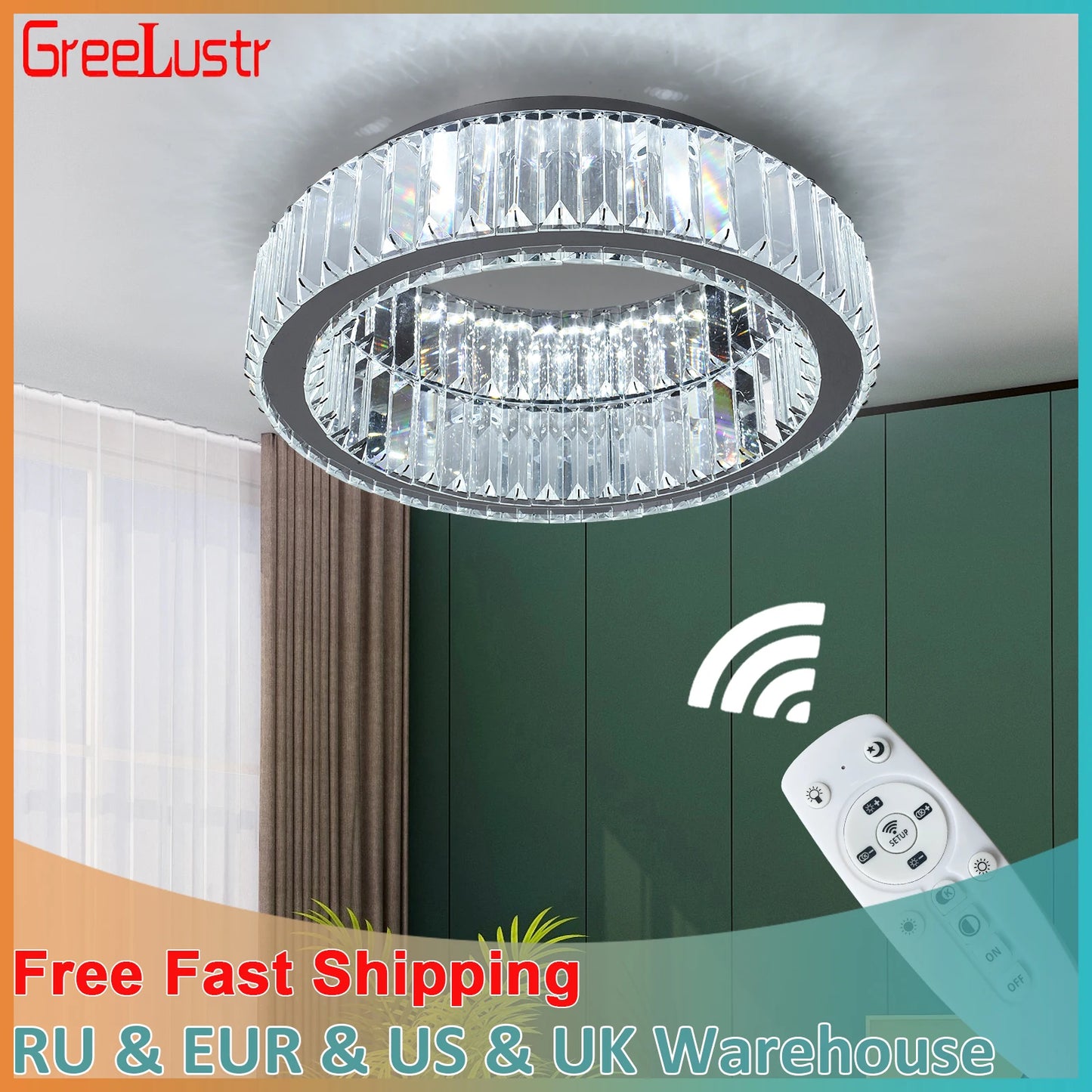 GreeLustr Modern Crystal Round Led Chandelier Dimmable Indoor Ceiling Light