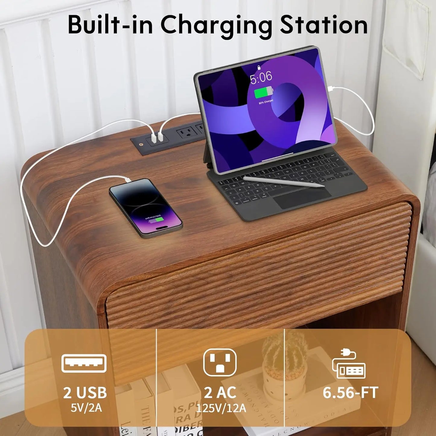 Fluted Nightstand Set Of 2 With Charging Station And Drawer