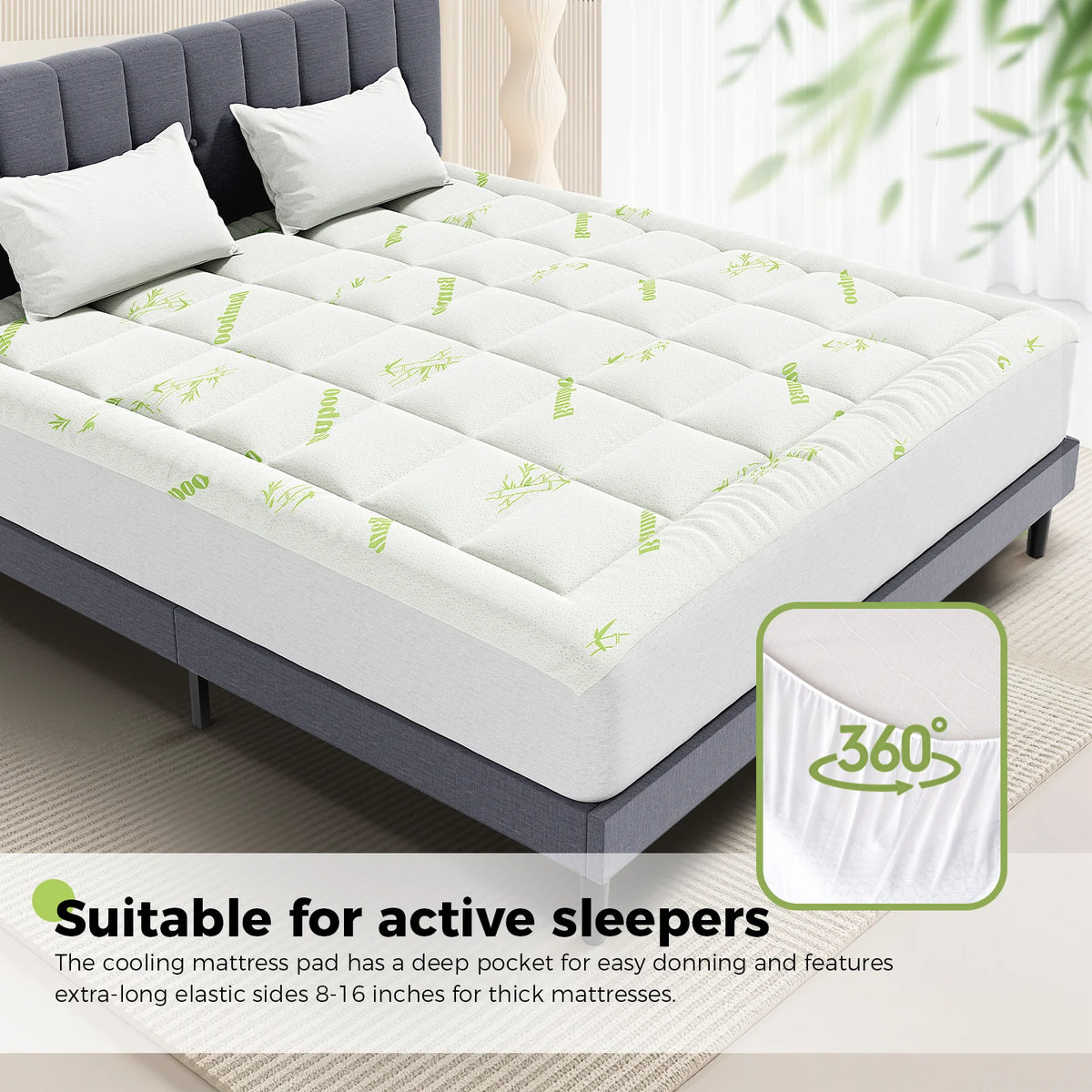 JHK Bamboo Fiber Mattress Topper Deep Pockets Cooling Breathable Comfort