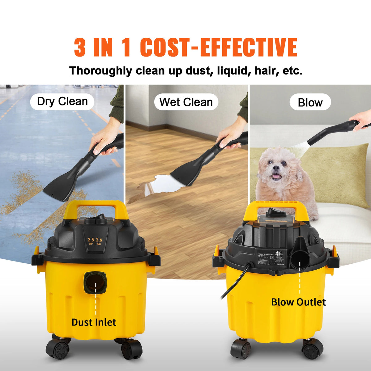 SucceBuy Wet Dry Vacuum 2.6 Gallon 2.5 HP Portable Blower