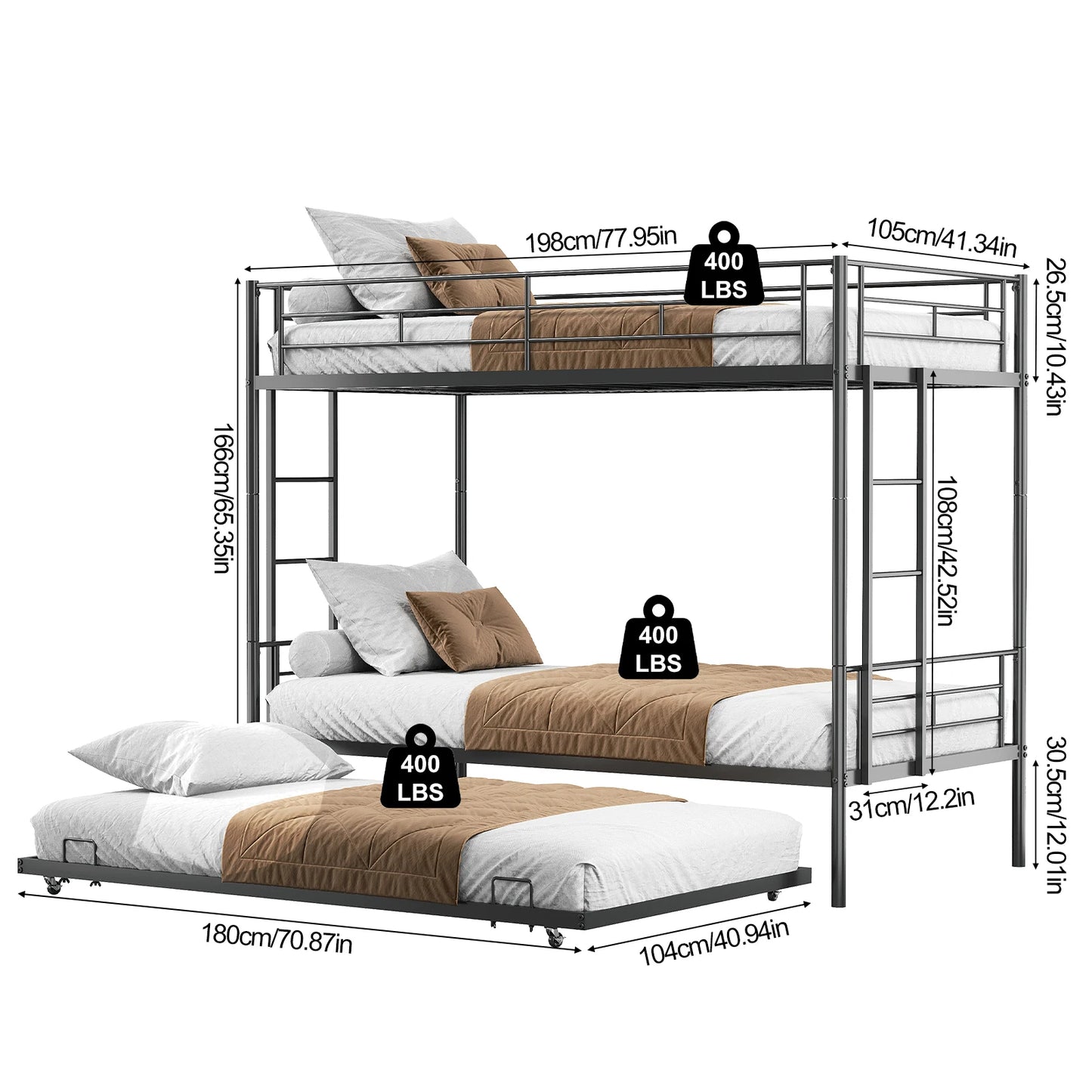 Twin Over Twin Bunk Bed With Trundle Dual Ladder Safety Rails Metal Construction