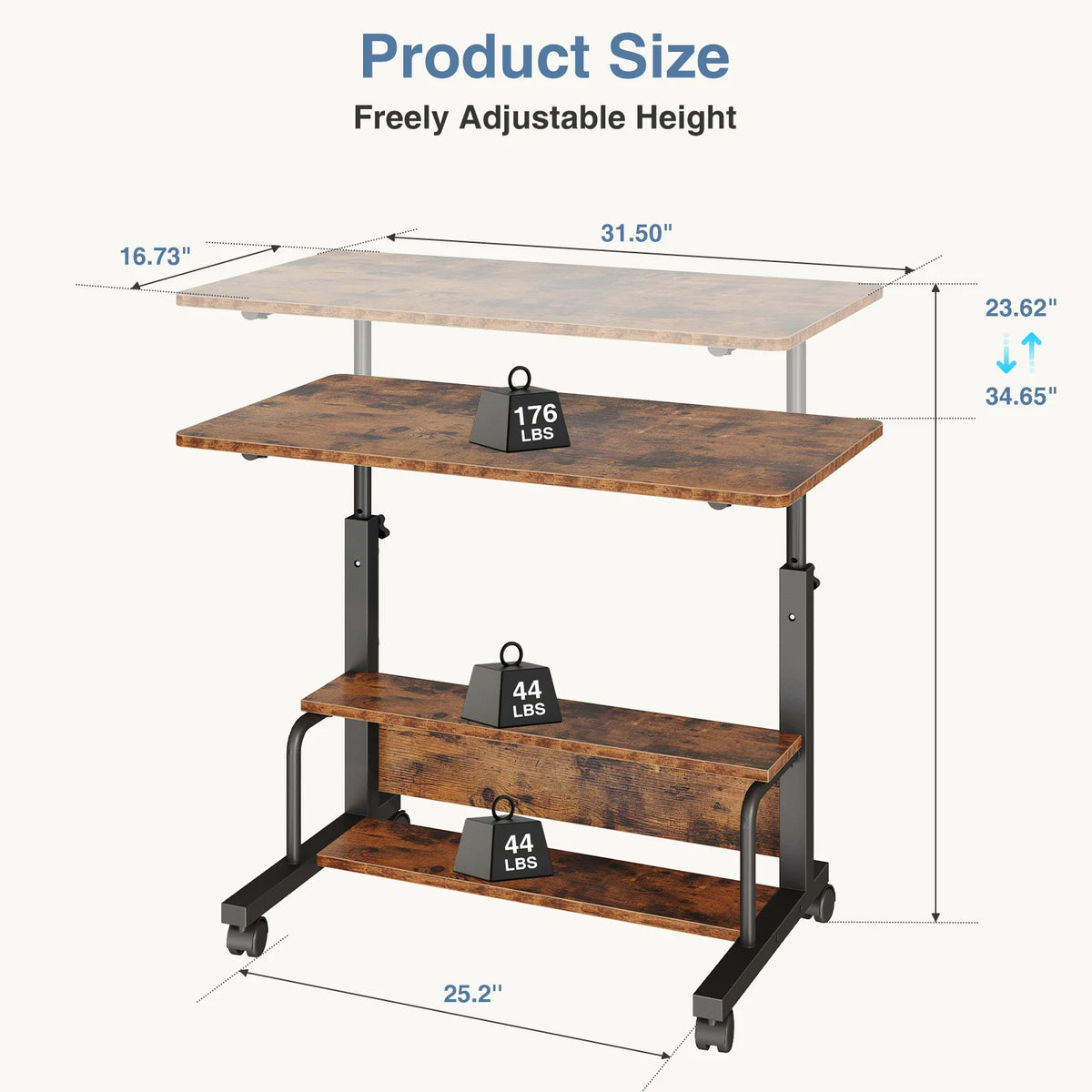 JHK Adjustable Height Mobile Standing Desk Locking Wheels Metal Frame
