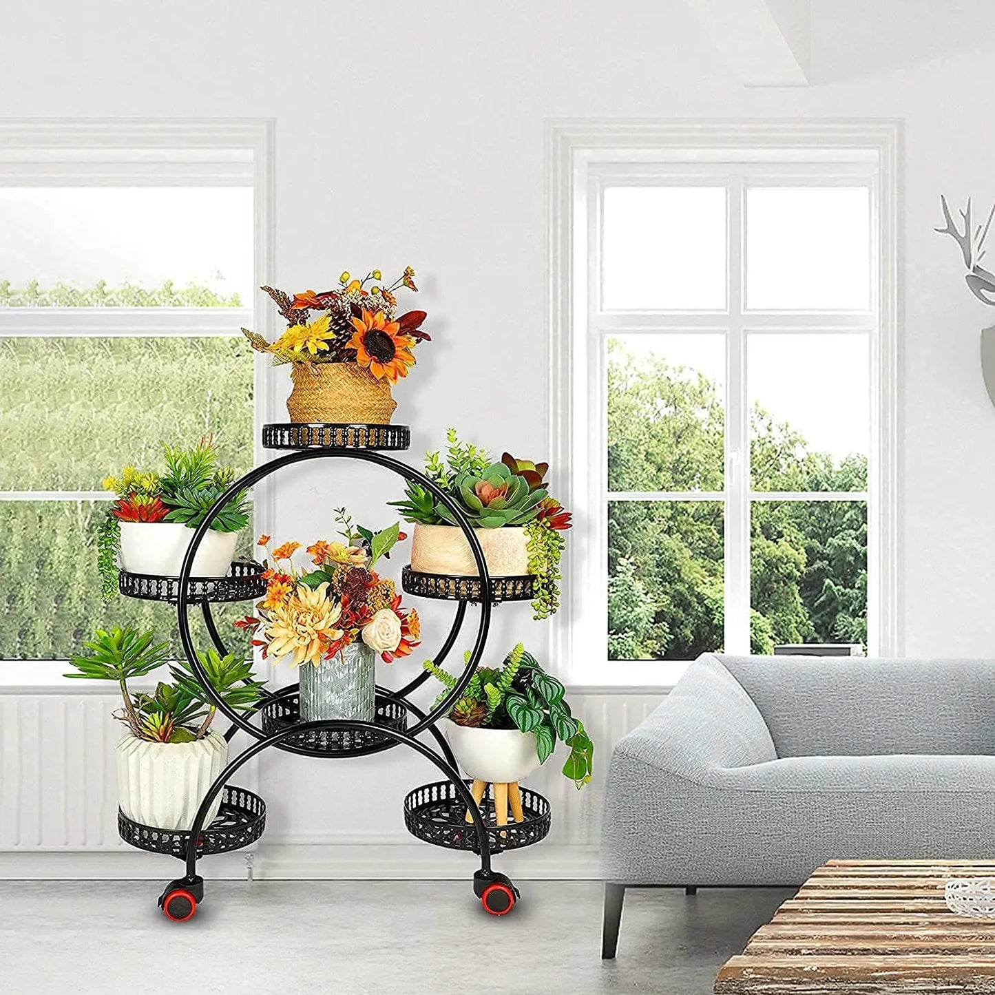 BINGOPAW 6-Tier Metal Plant Stand with Wheels Indoor Outdoor Garden