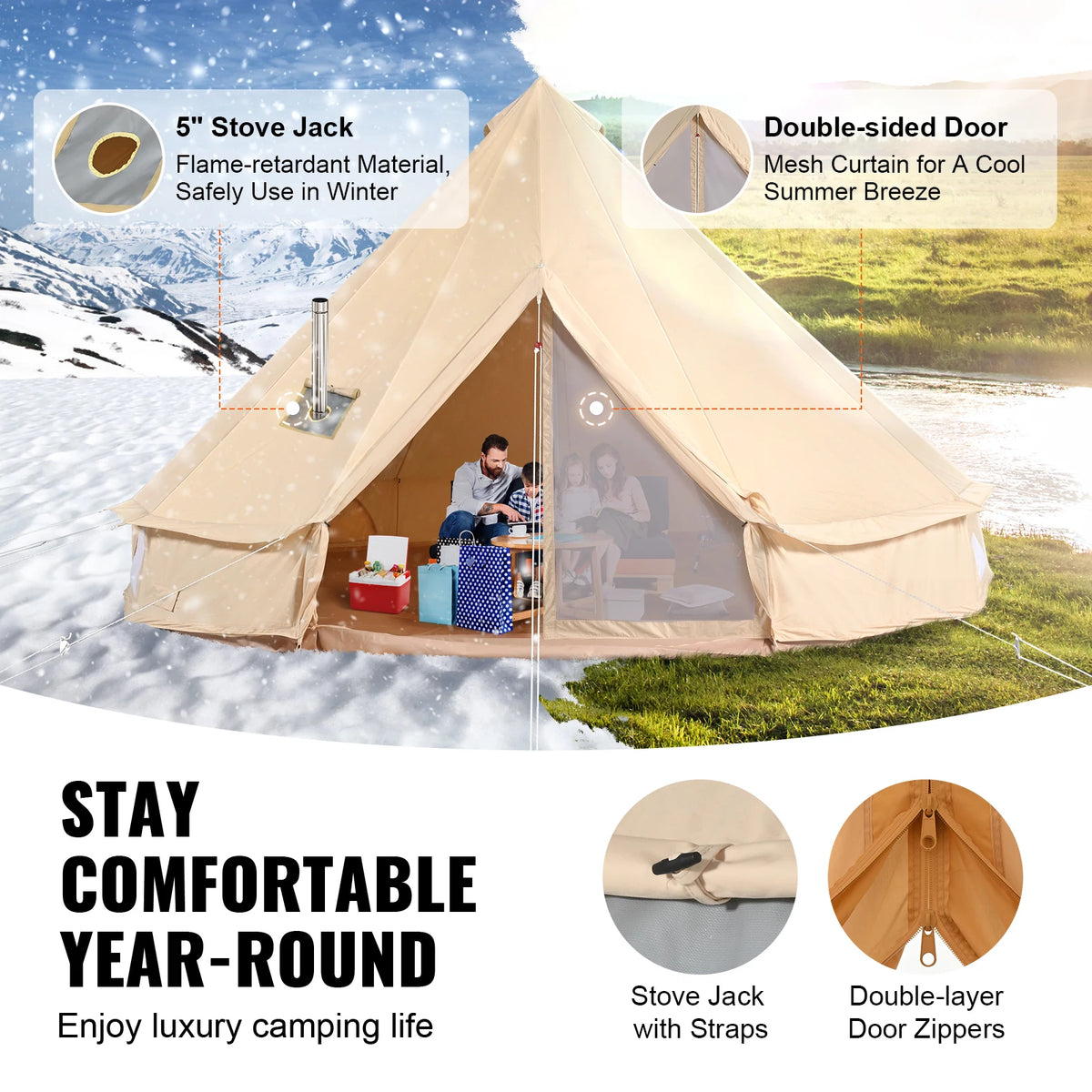SucceBuy Breathable Canvas Bell Tent Stove Port For Season Camping