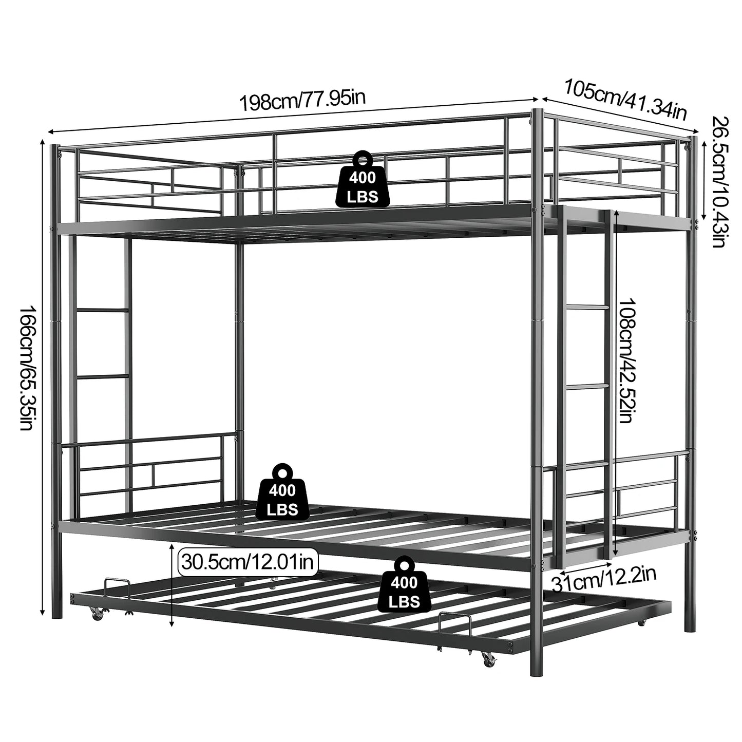 Twin Over Twin Bunk Bed With Trundle Dual Ladder Safety Rails Metal Construction