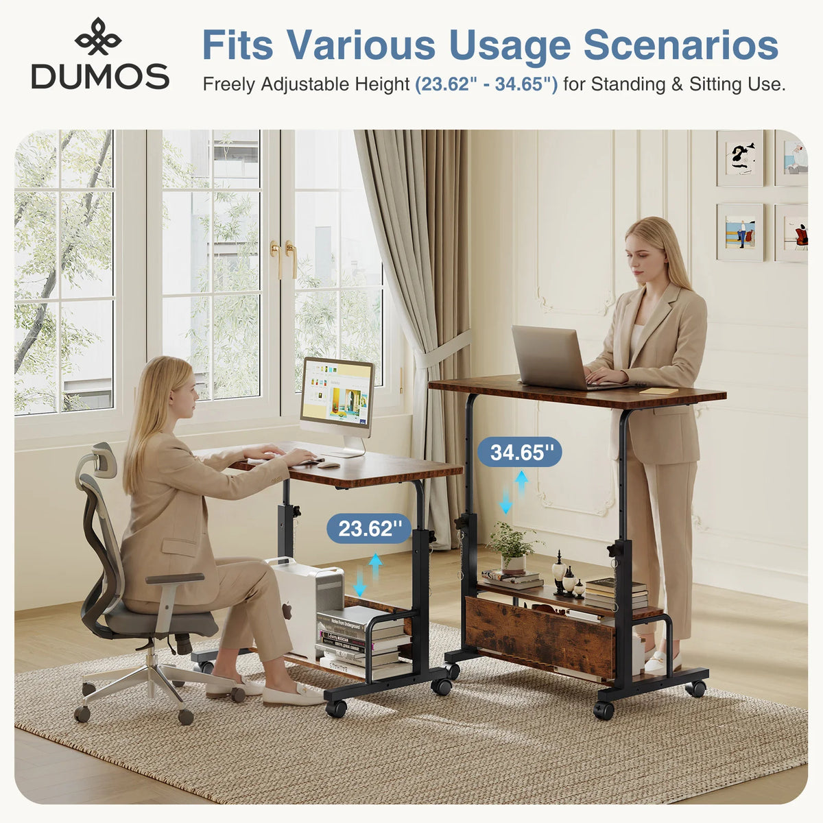 JHK Adjustable Height Mobile Standing Desk Locking Wheels Metal Frame