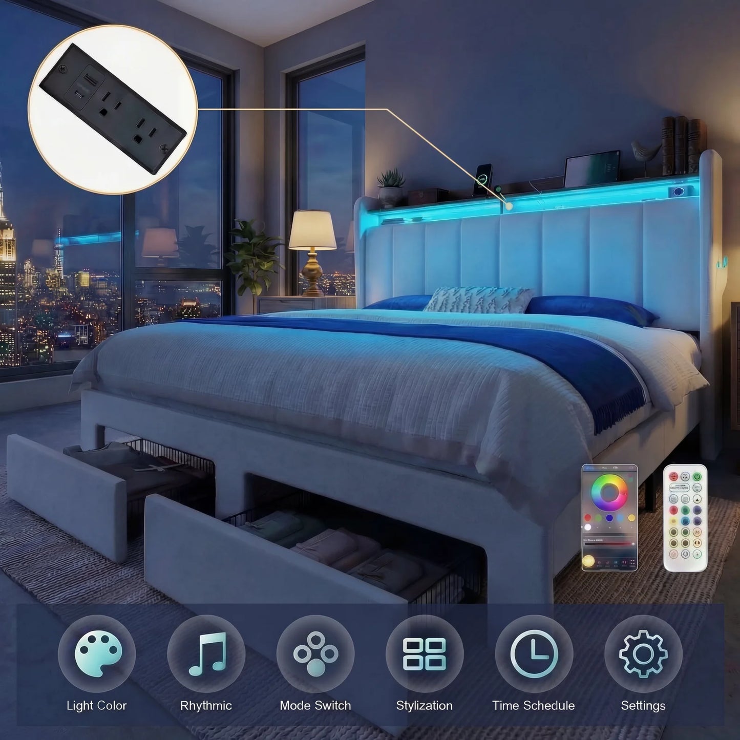 HOOMIC Bed Frame With Storage Drawers Shelves LED Lights Charging