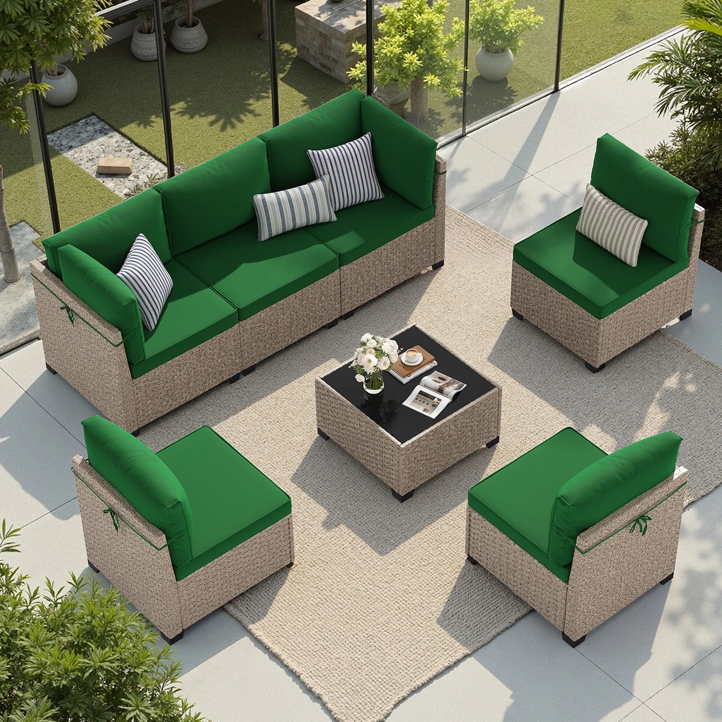 Outdoor 7 Piece Rattan Sectional Sofa With Tempered Glass Table