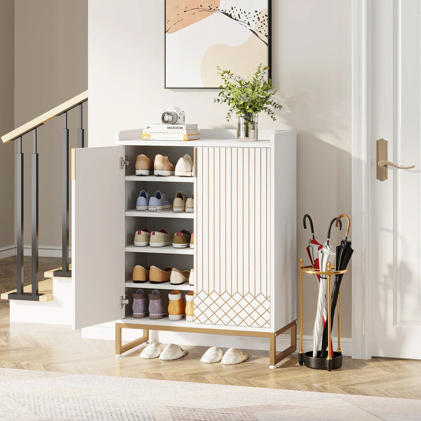 Tribesigns 5-Tier Shoe Cabinet With Doors Wood Storage Organizer