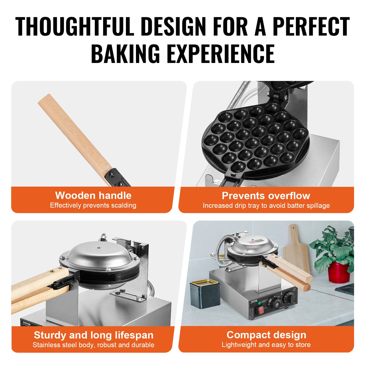 VEVOR Commercial Bubble Waffle Maker 1400W Stainless Steel Wooden Handle