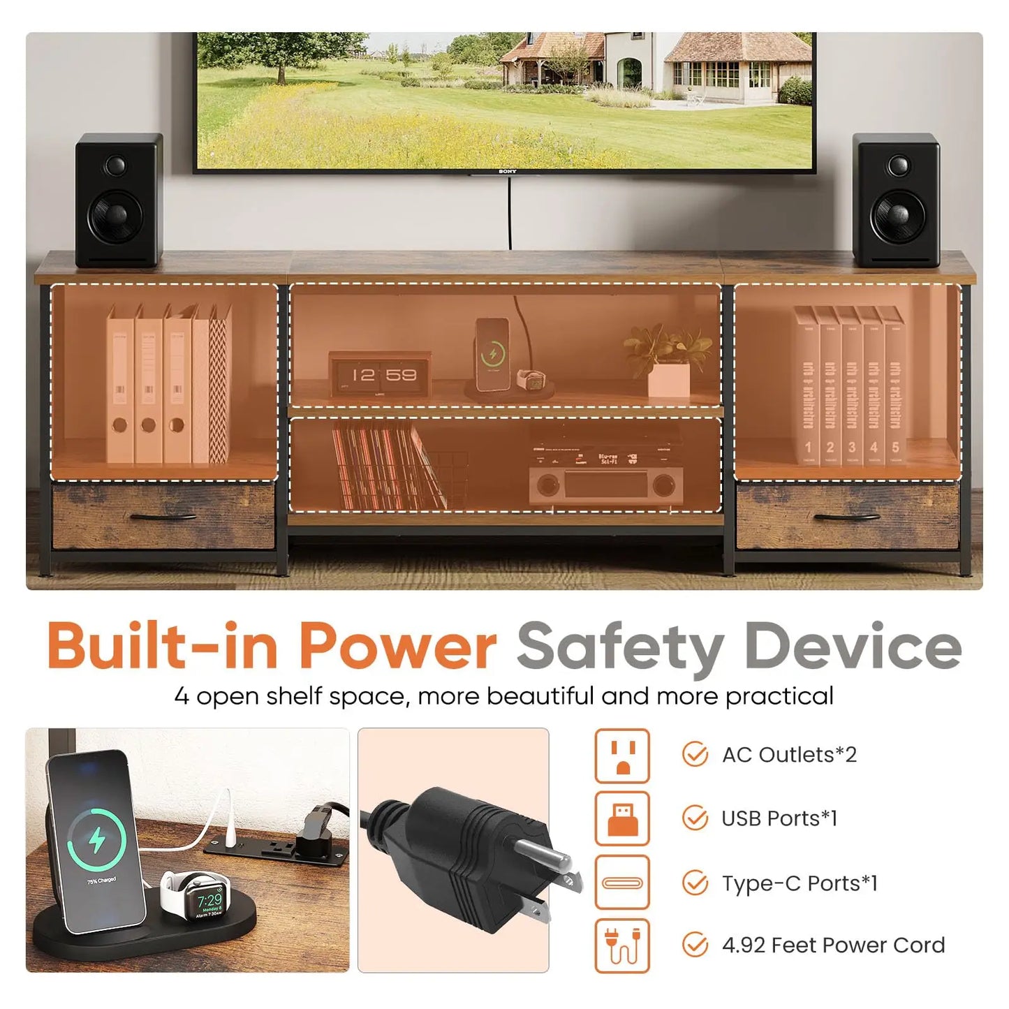 JHK Wooden TV Stand Entertainment Center With Adjustable Shelves