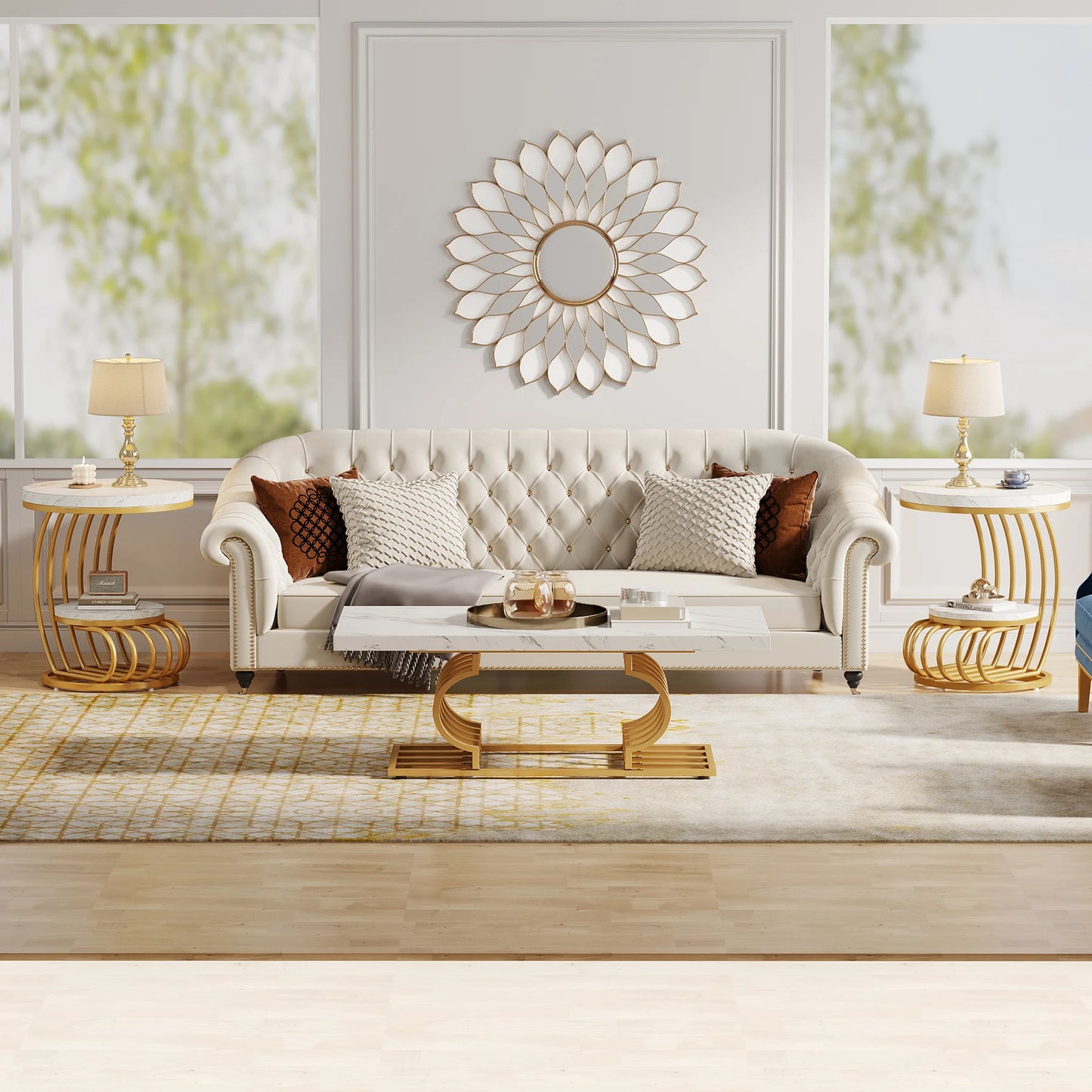 Tribesigns Gold Round End Table Two Tiers Faux Marble Storage