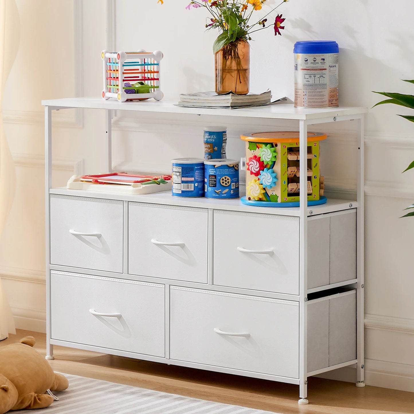 JHK Bedroom TV Stand Dresser With Fireplace Fabric Storage Drawers
