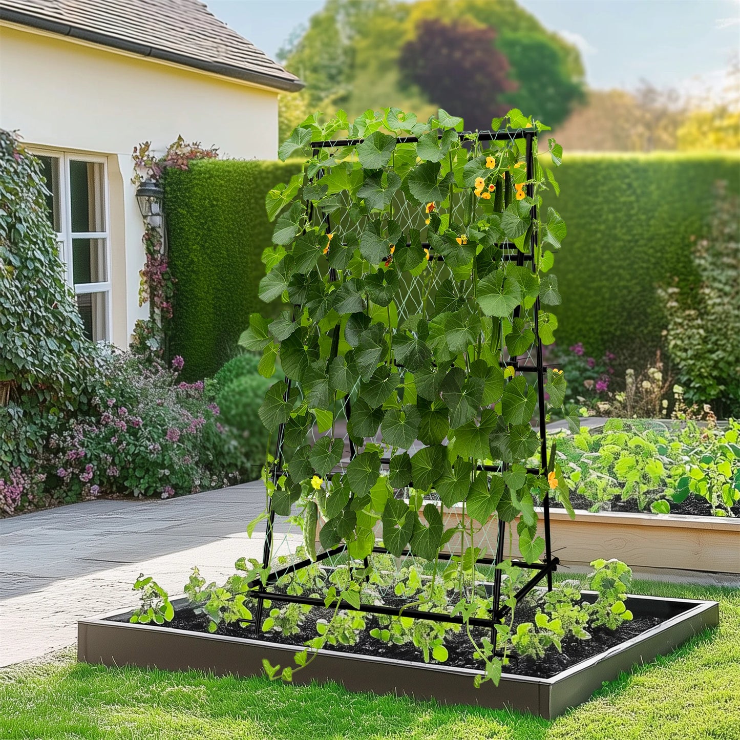 A Shaped Garden Trellis With Nylon Netting For Climbing Plants
