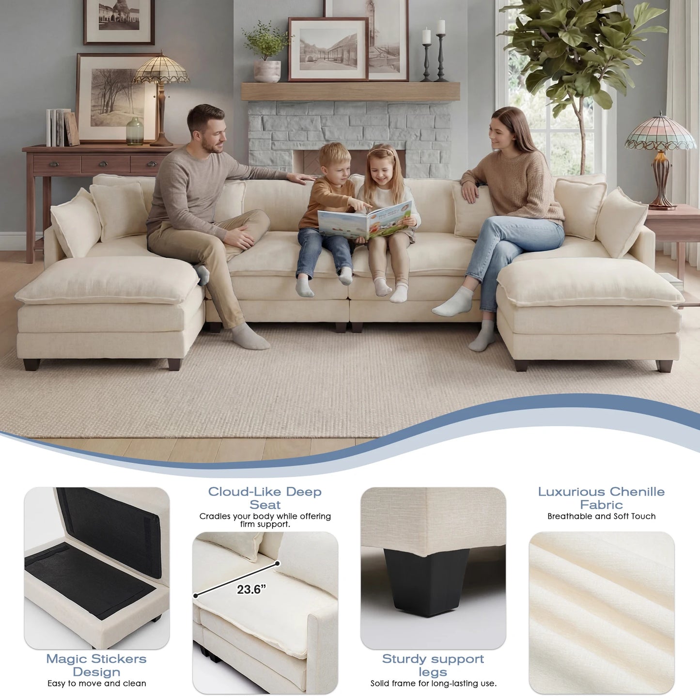 Modular Sectional Sofa With Ottoman And Solid Wood Frame