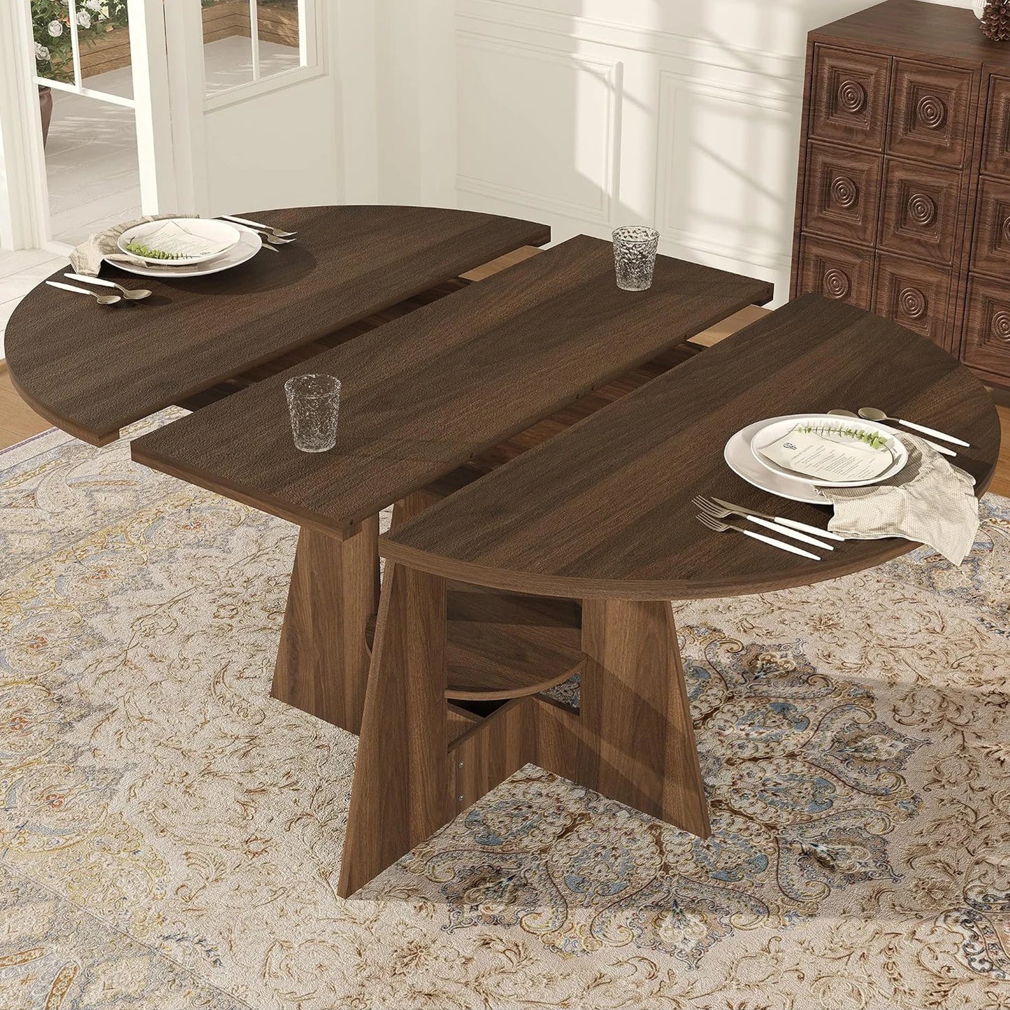 HiMISS Extendable Round Dining Table with Storage Pedestal Base