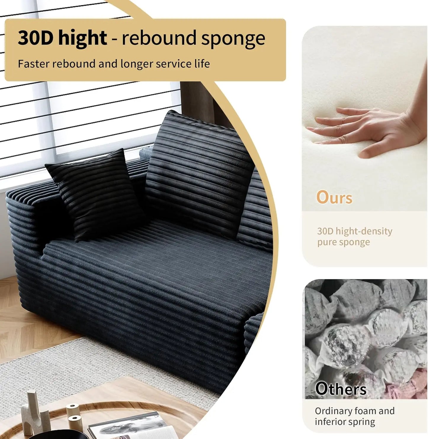 YQXH Cloud Style Sectional Sofa With Corduroy Cover And Memory Foam Cushions