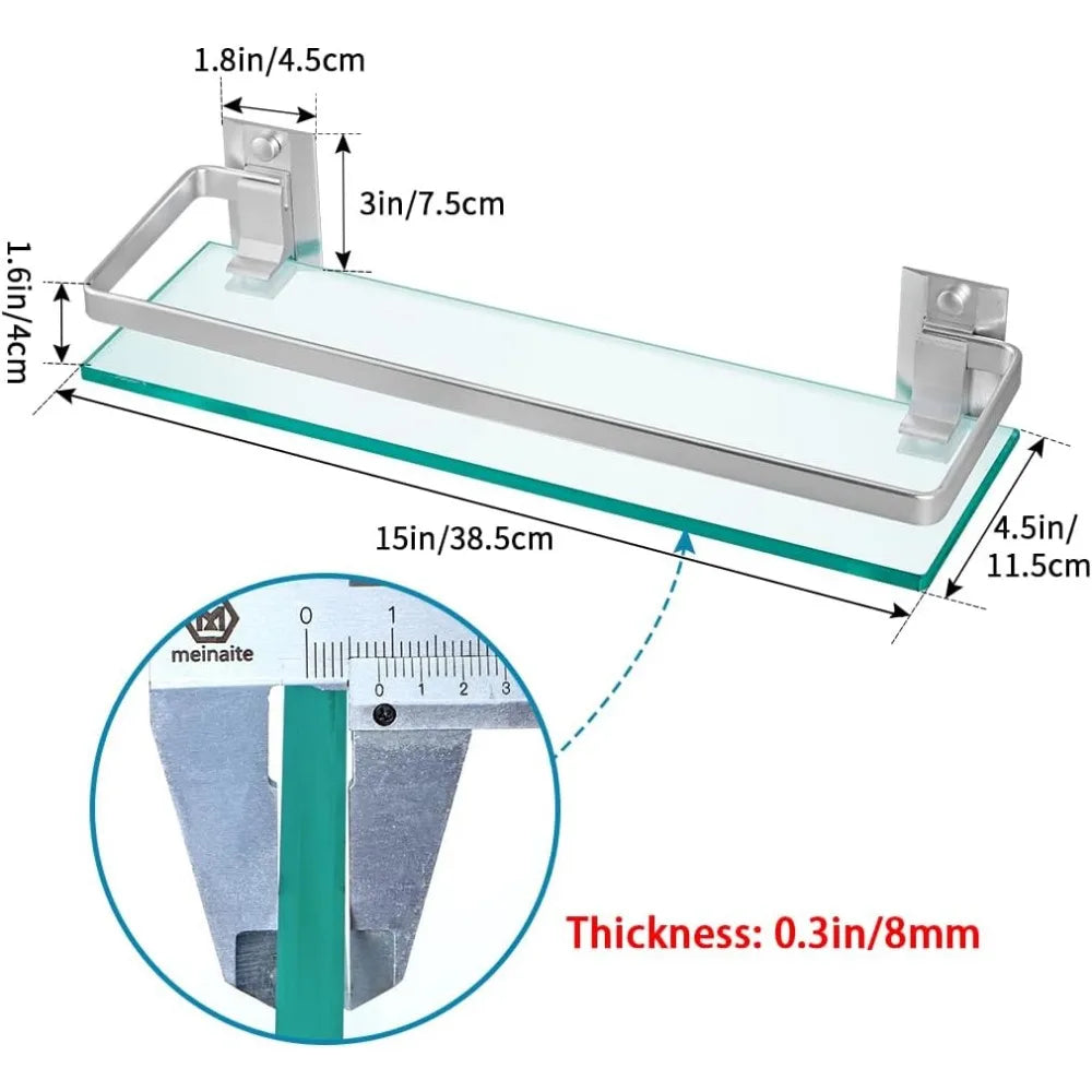 2 Pack Tempered Glass Bathroom Shelf With Rail Wall Mounted