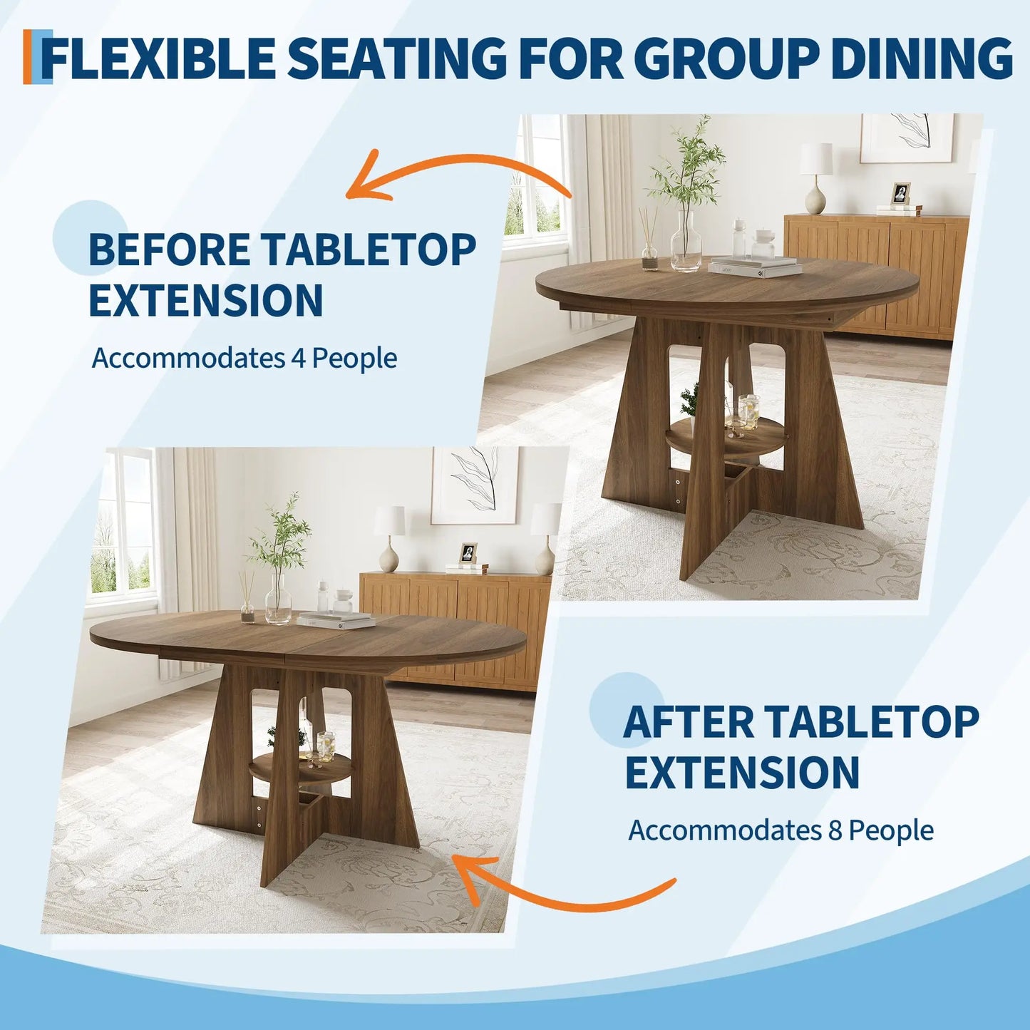 HiMISS Extendable Round Dining Table with Storage Pedestal Base