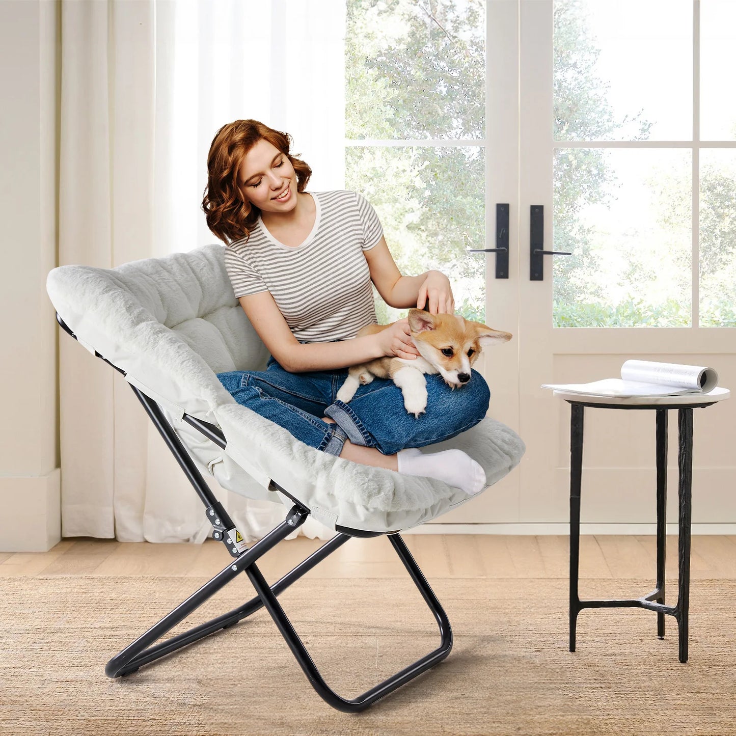 JHK Cozy Saucer Chair With Faux Fur Padded Seat And Metal Frame